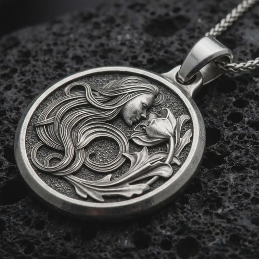 Sterling silver Art Nouveau woman pendant necklace with an oxidized finish resting on textured volcanic rock, captured in a close-up premium studio composition.