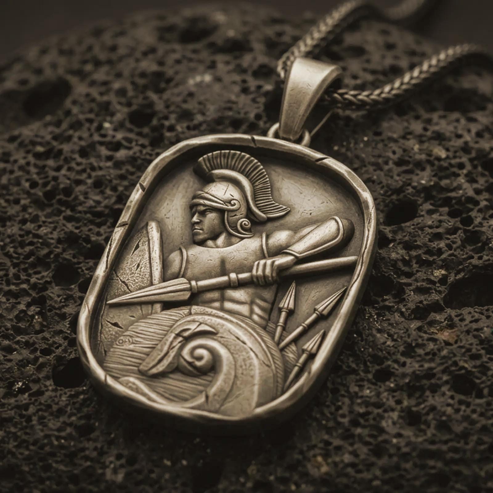 Bronze Roman soldier pendant necklace with an oxidized finish resting on textured volcanic rock, captured in a close-up premium studio composition.
