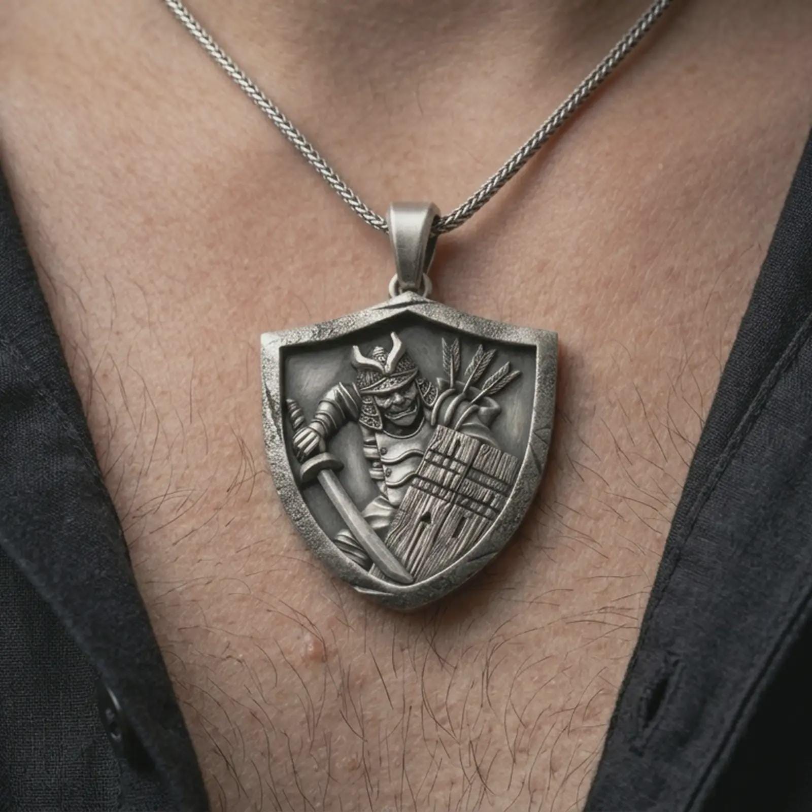 Oxidized samurai shield pendant necklace worn on the neck, styled in a dark lifestyle portrait with an open shirt and masculine presentation.