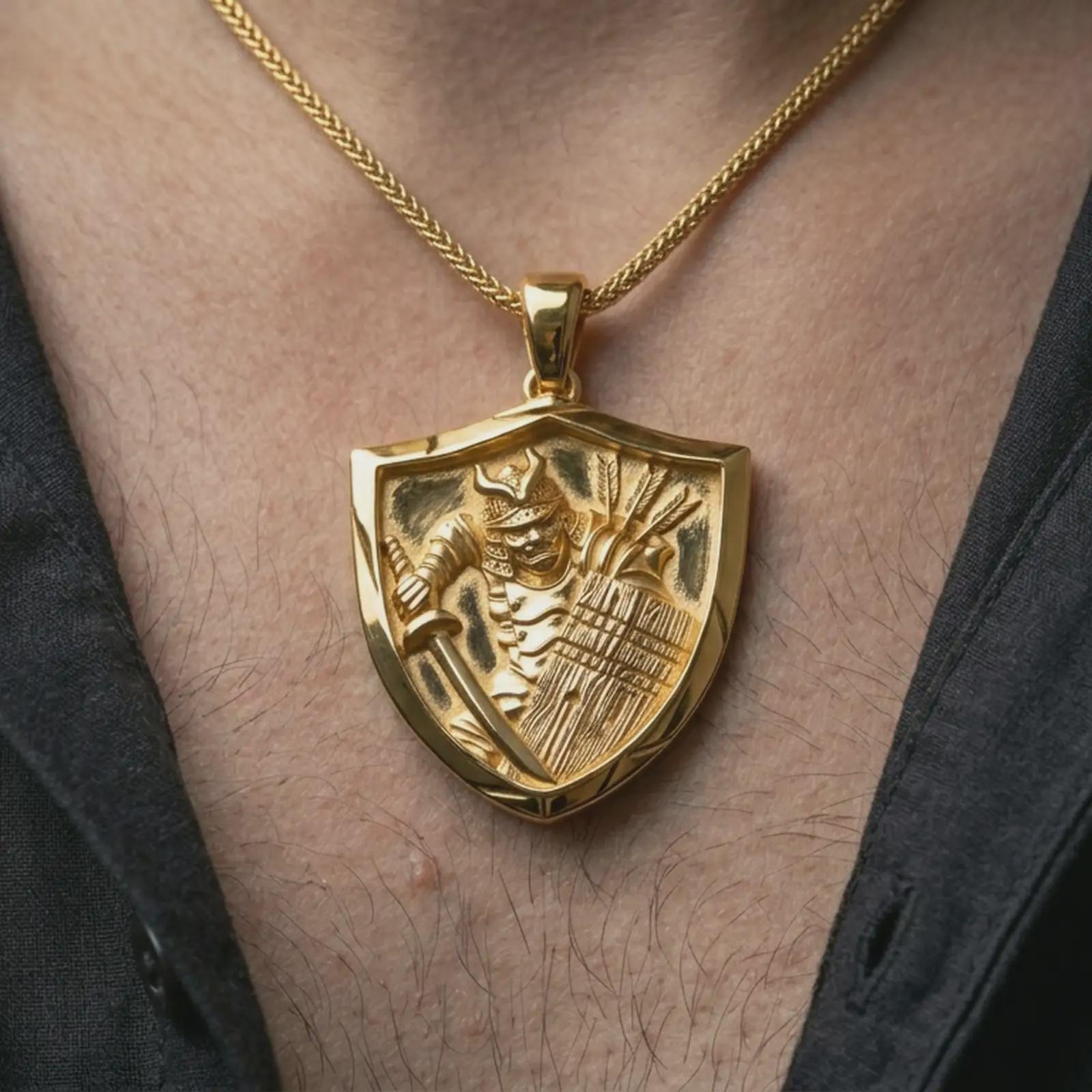 Gold plated samurai shield pendant necklace worn on the neck, captured on a human model in a premium dark-toned lifestyle frame.