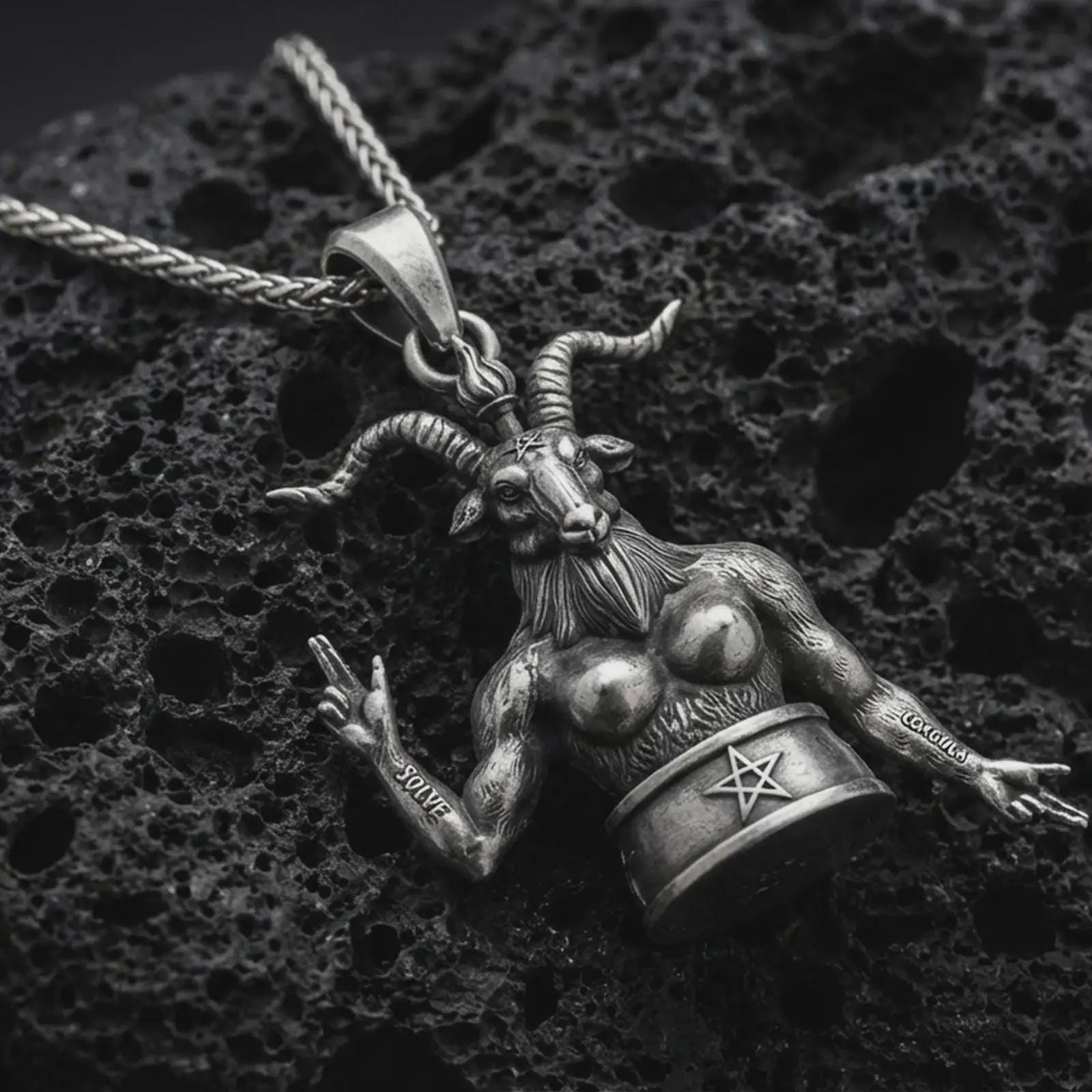 Sterling silver Baphomet pendant necklace with an oxidized finish resting on textured volcanic rock, captured in a close-up premium studio composition.