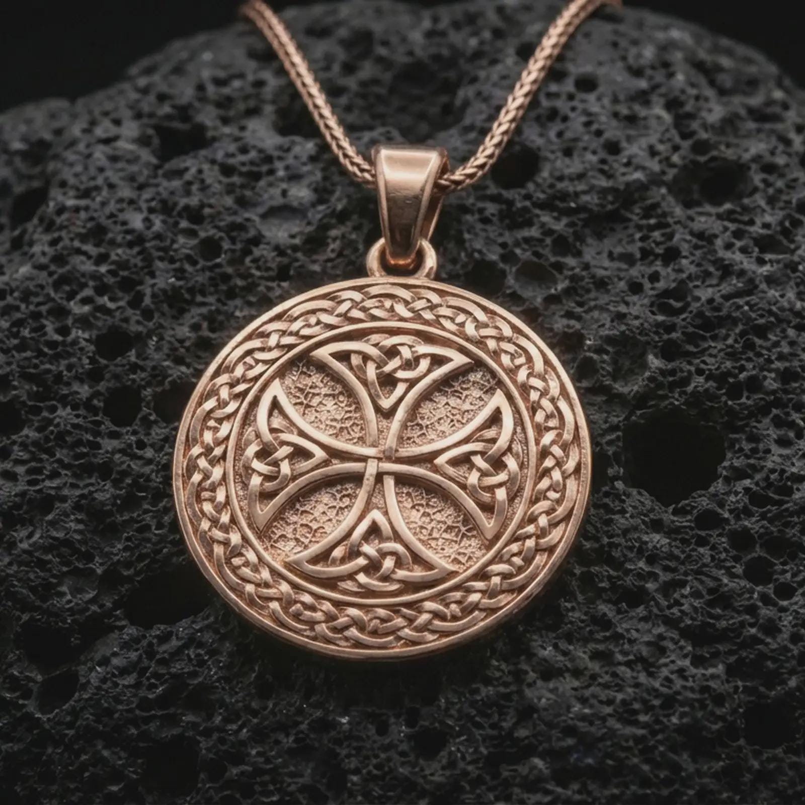 Rose gold plated Celtic knot medallion necklace on dark volcanic rock, photographed in a detailed premium studio macro view.