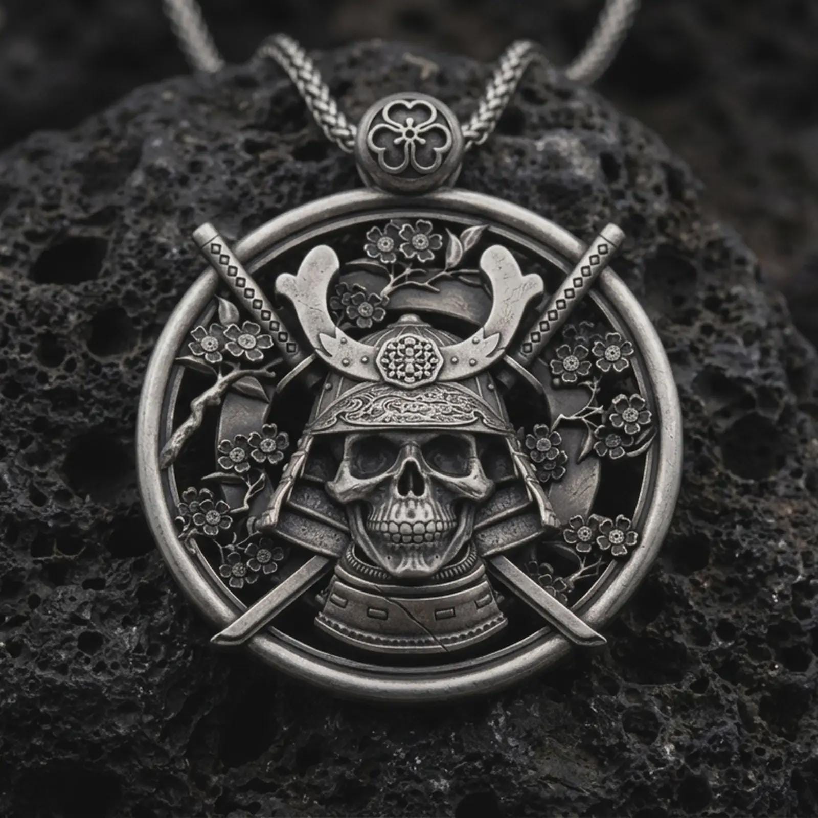 Sterling silver samurai skull pendant necklace with an oxidized finish resting on textured volcanic rock, captured in a close-up premium studio composition.