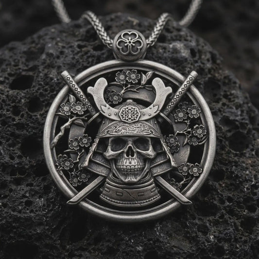 Sterling silver samurai skull pendant necklace with an oxidized finish resting on textured volcanic rock, captured in a close-up premium studio composition.