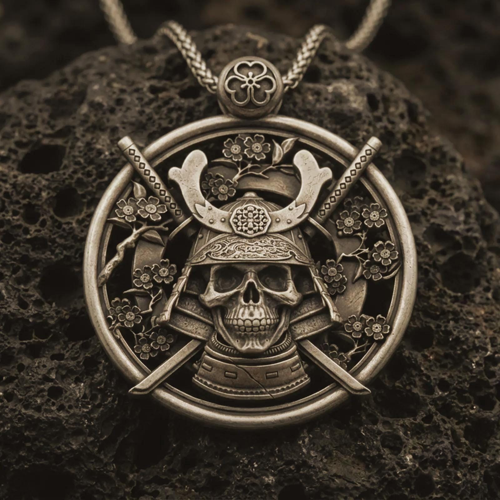Bronze samurai skull pendant necklace with an oxidized finish resting on textured volcanic rock, captured in a close-up premium studio composition.