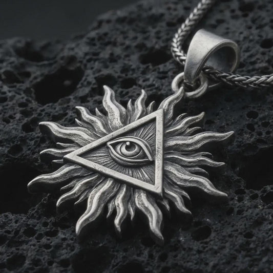 Sterling silver Eye of Providence sun pendant necklace with an oxidized finish resting on textured volcanic rock, captured in a close-up premium studio composition.