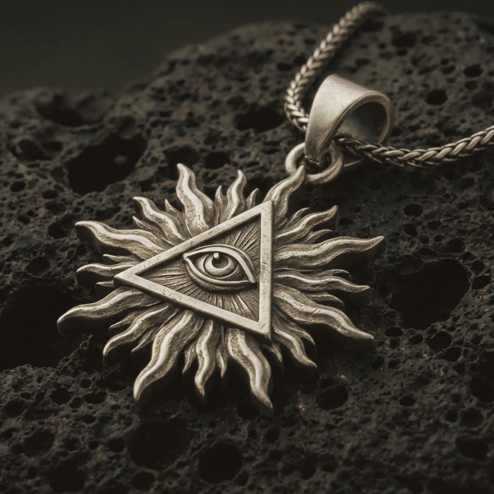 Bronze Eye of Providence sun pendant necklace with an oxidized finish resting on textured volcanic rock, captured in a close-up premium studio composition.