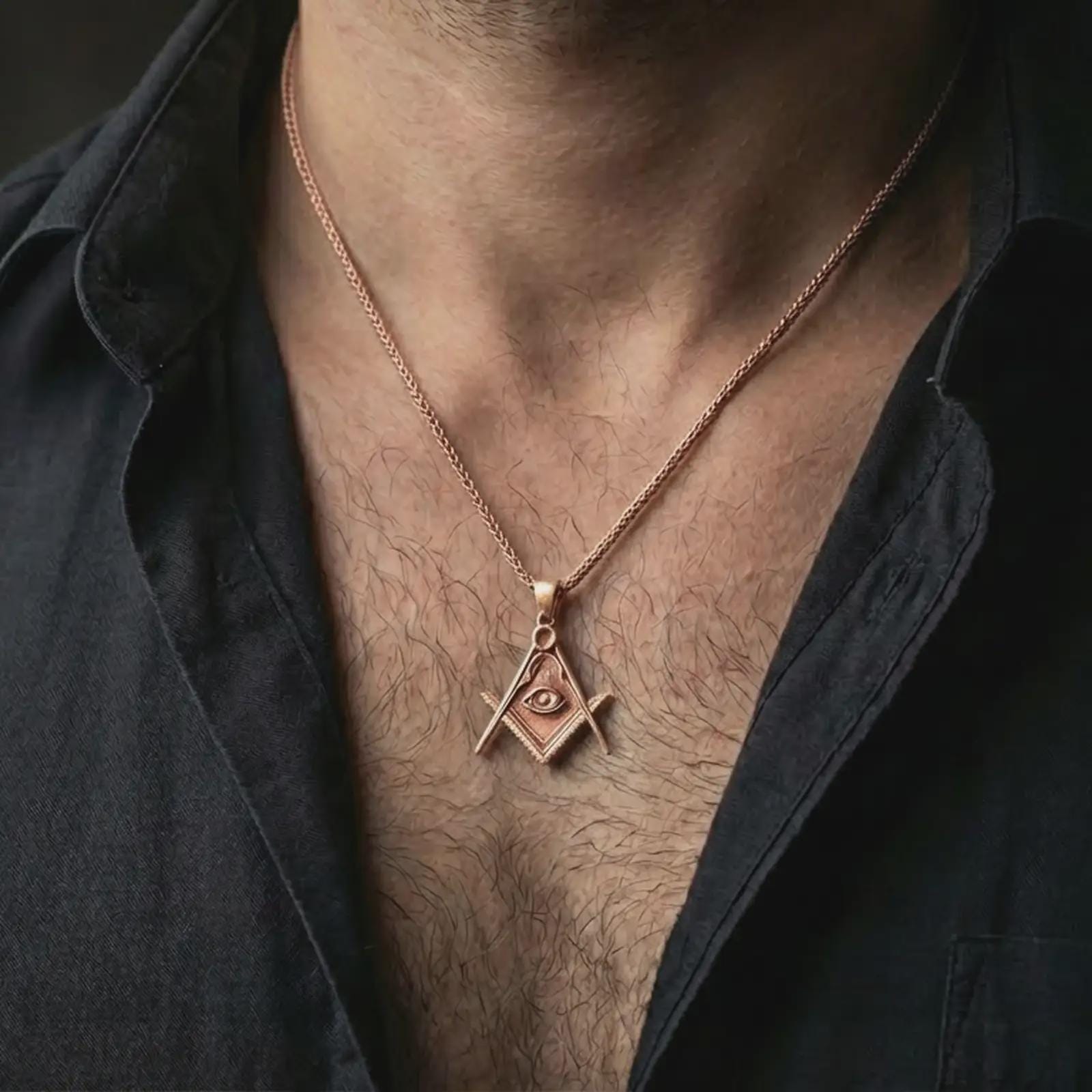 Rose gold plated Master Mason pendant necklace worn on the neck, presented in a close-up lifestyle shot with a refined symbolic aesthetic.