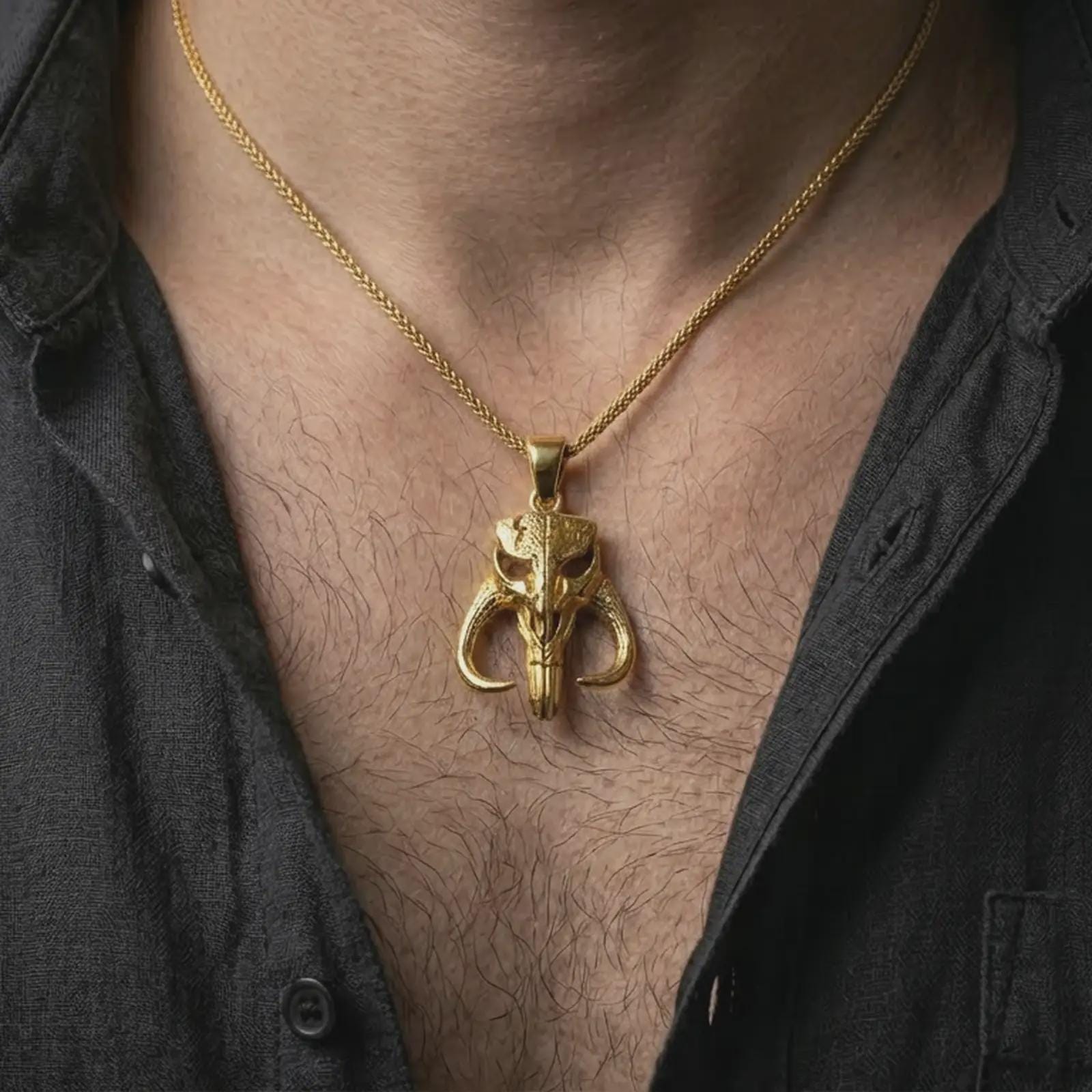 Gold plated Mythosaur skull pendant necklace worn on the neck, captured on a human model in a premium dark-toned lifestyle frame.