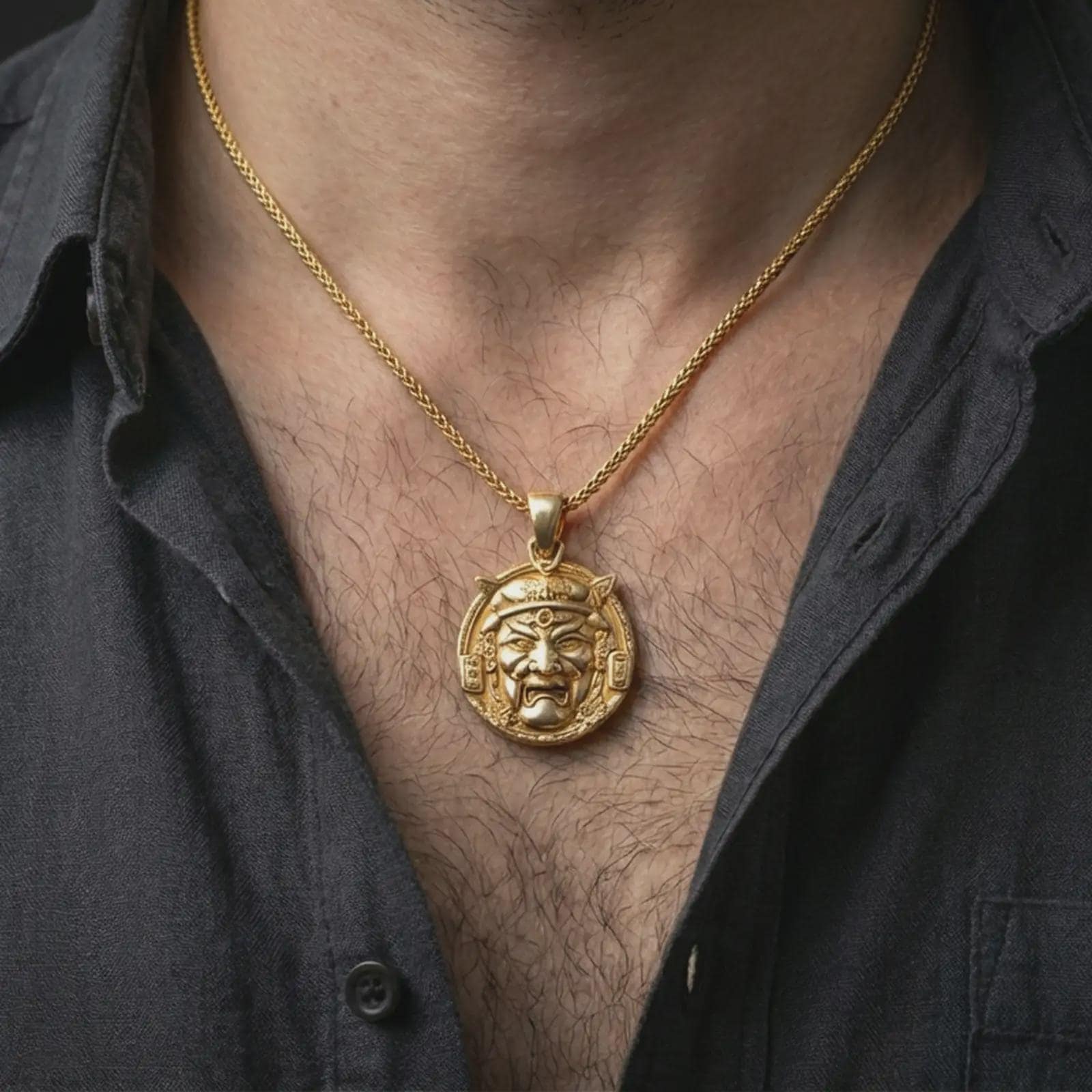 A gold plated Oni mask pendant worn on the neck, layered streetwear look with sharp relief and defined edges.