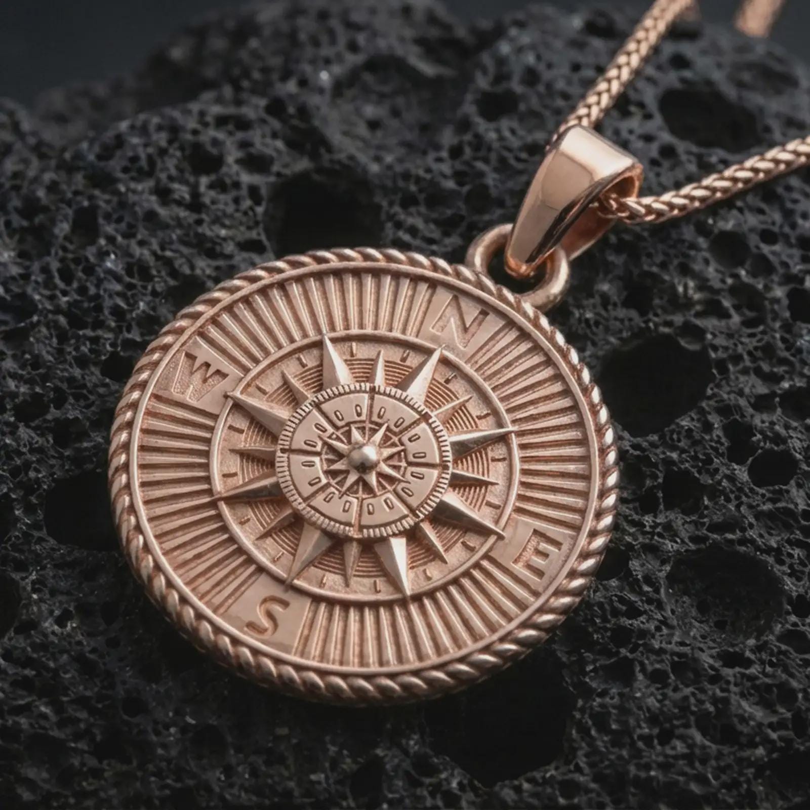 Rose gold plated steampunk compass pendant necklace on dark volcanic rock, photographed in a detailed premium studio macro view.