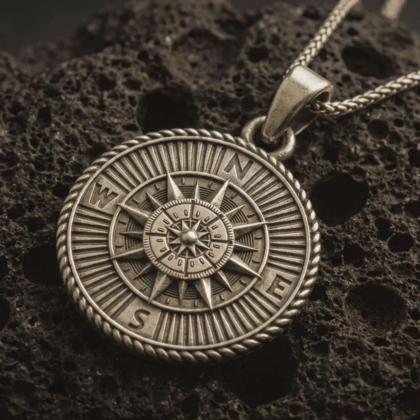 Bronze steampunk compass pendant necklace with an oxidized finish resting on textured volcanic rock, captured in a close-up premium studio composition.