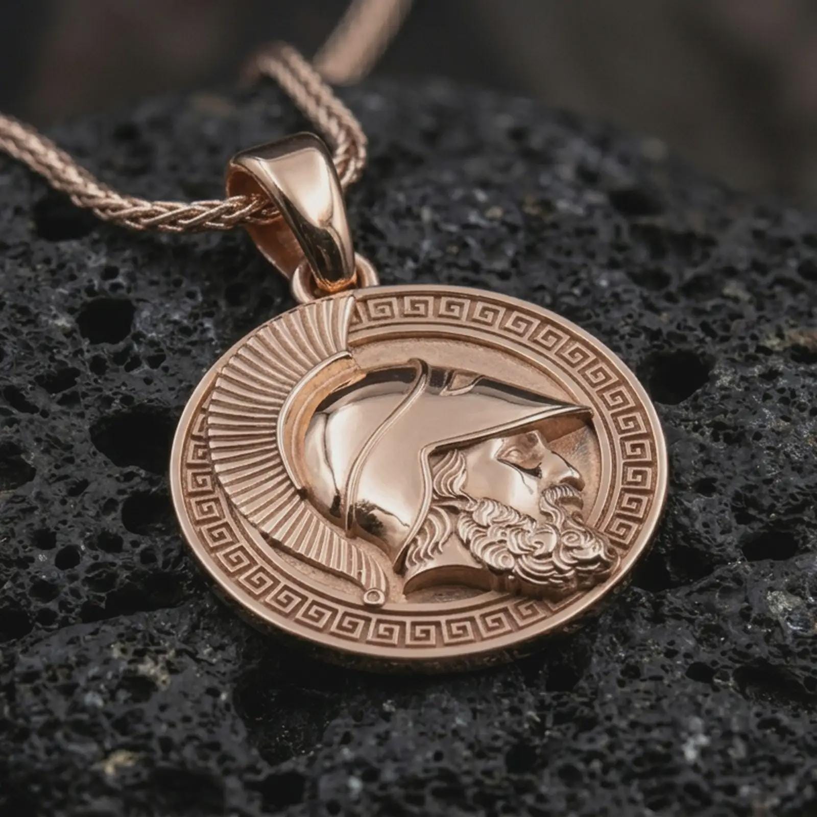 Rose gold plated Spartan helmet pendant necklace on dark volcanic rock, photographed in a detailed premium studio macro view.