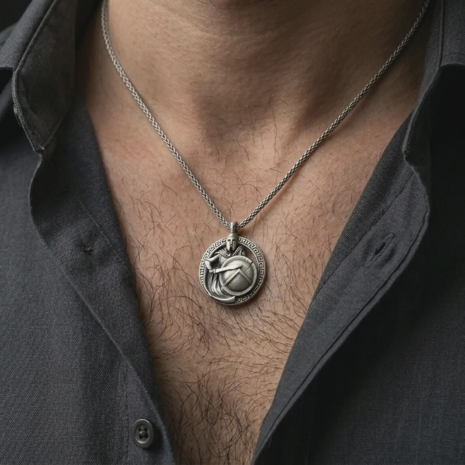 Oxidized Spartan warrior pendant necklace worn on the neck, styled in a dark lifestyle portrait with an open shirt and masculine presentation.