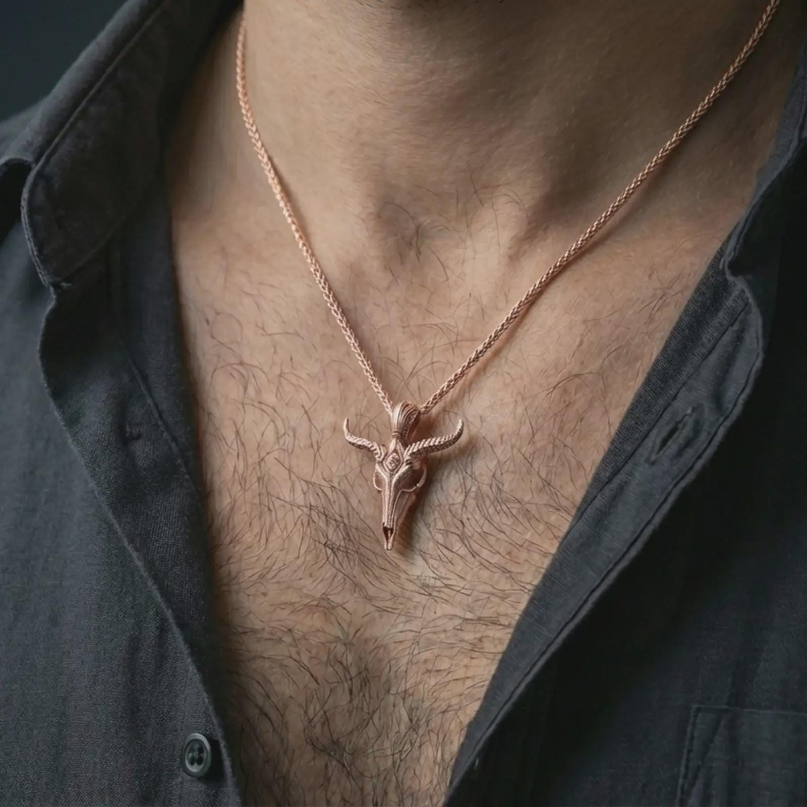 Rose gold plated Baphomet skull pendant necklace worn on the neck, presented in a close-up lifestyle shot with a refined gothic aesthetic.