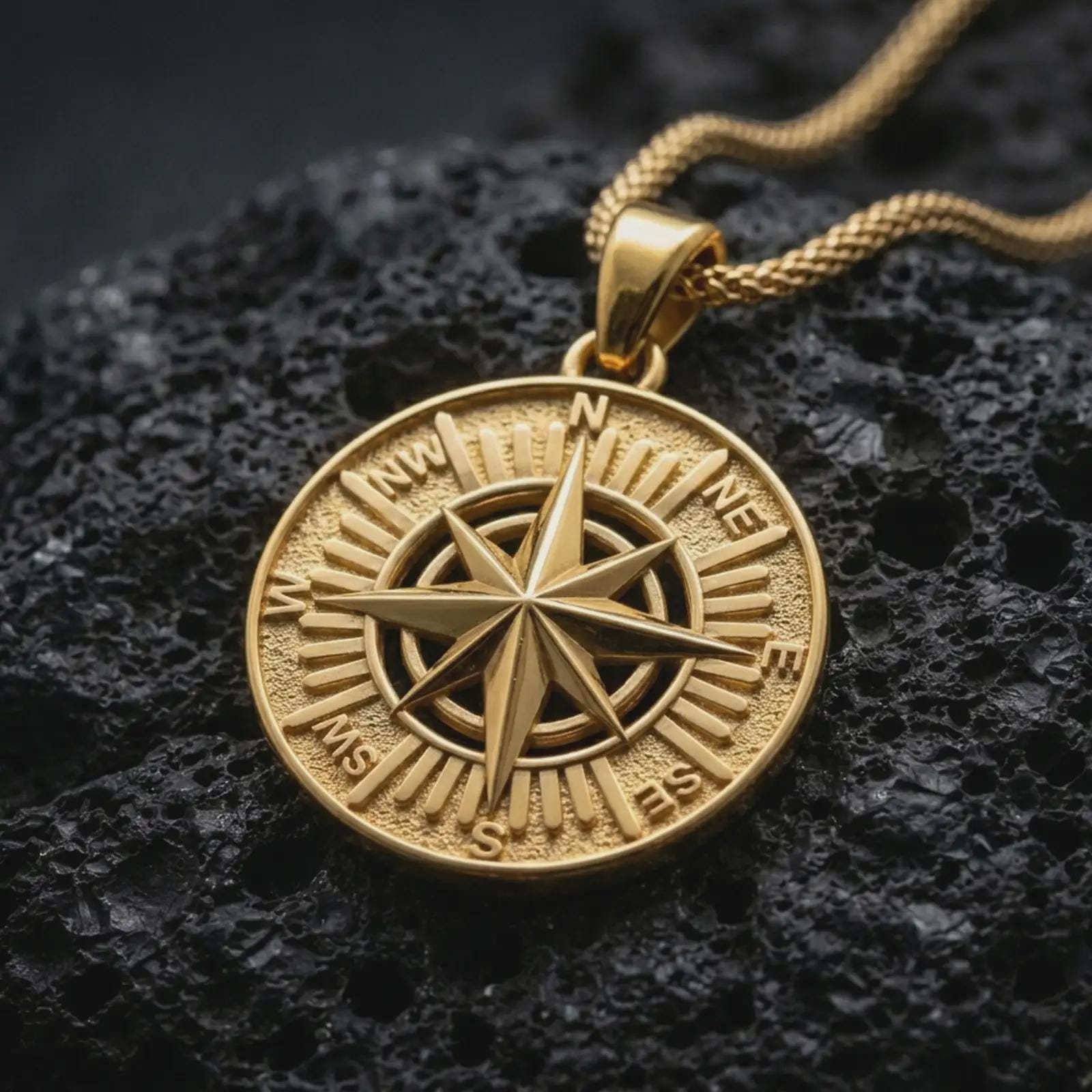 Gold plated compass rose pendant necklace presented on porous volcanic rock, highlighting the round explorer medallion design in a luxurious close-up jewelry image.