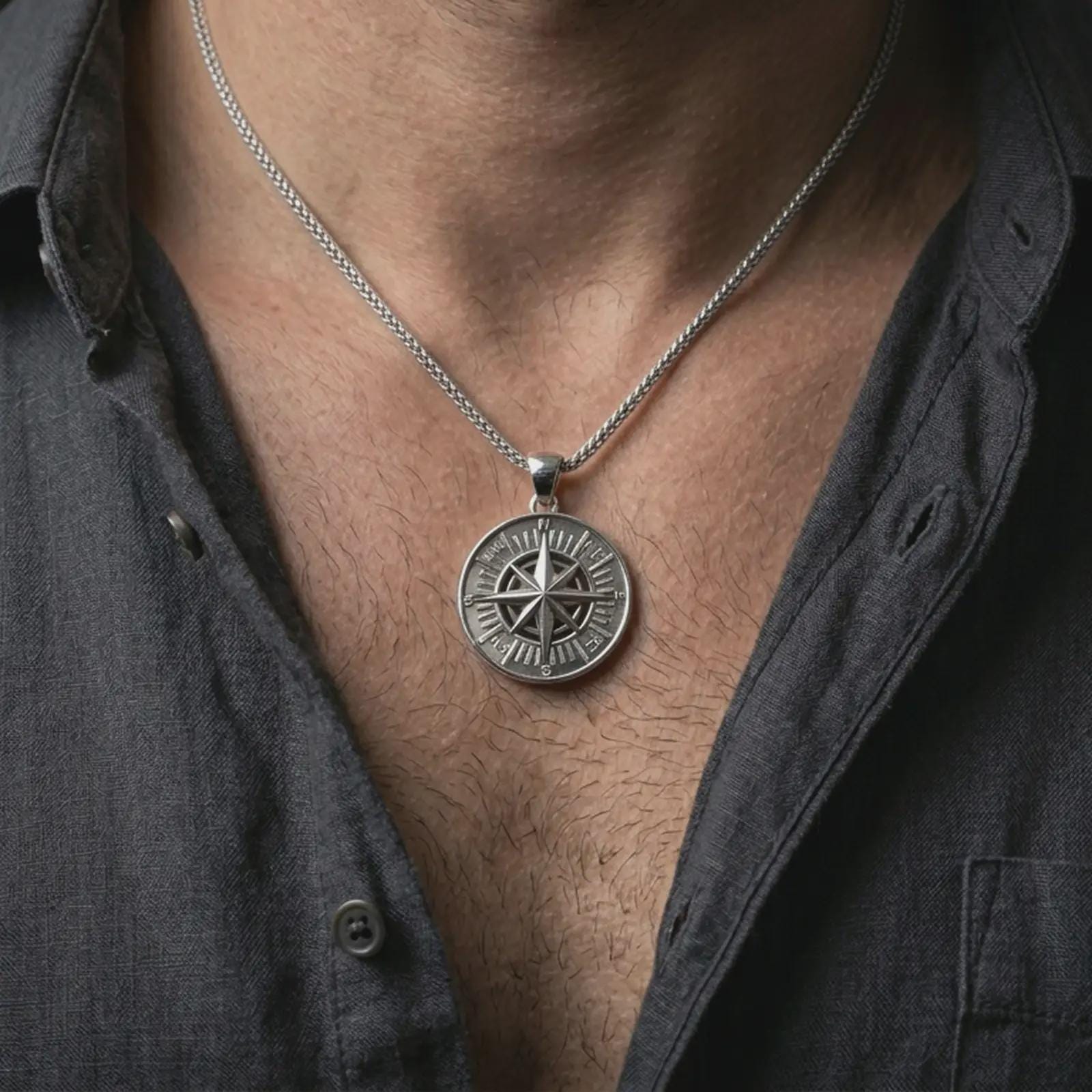Polished silver compass rose pendant necklace worn on the neck, shown against the chest in a clean and elegant everyday wear composition.