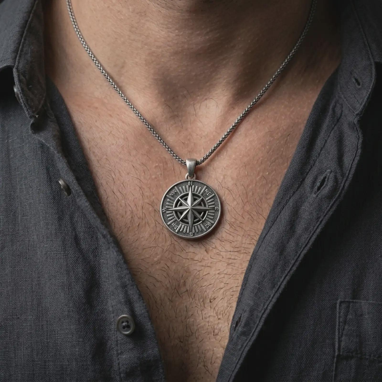 Oxidized compass rose pendant necklace worn on the neck, styled in a dark lifestyle portrait with an open shirt and masculine presentation.