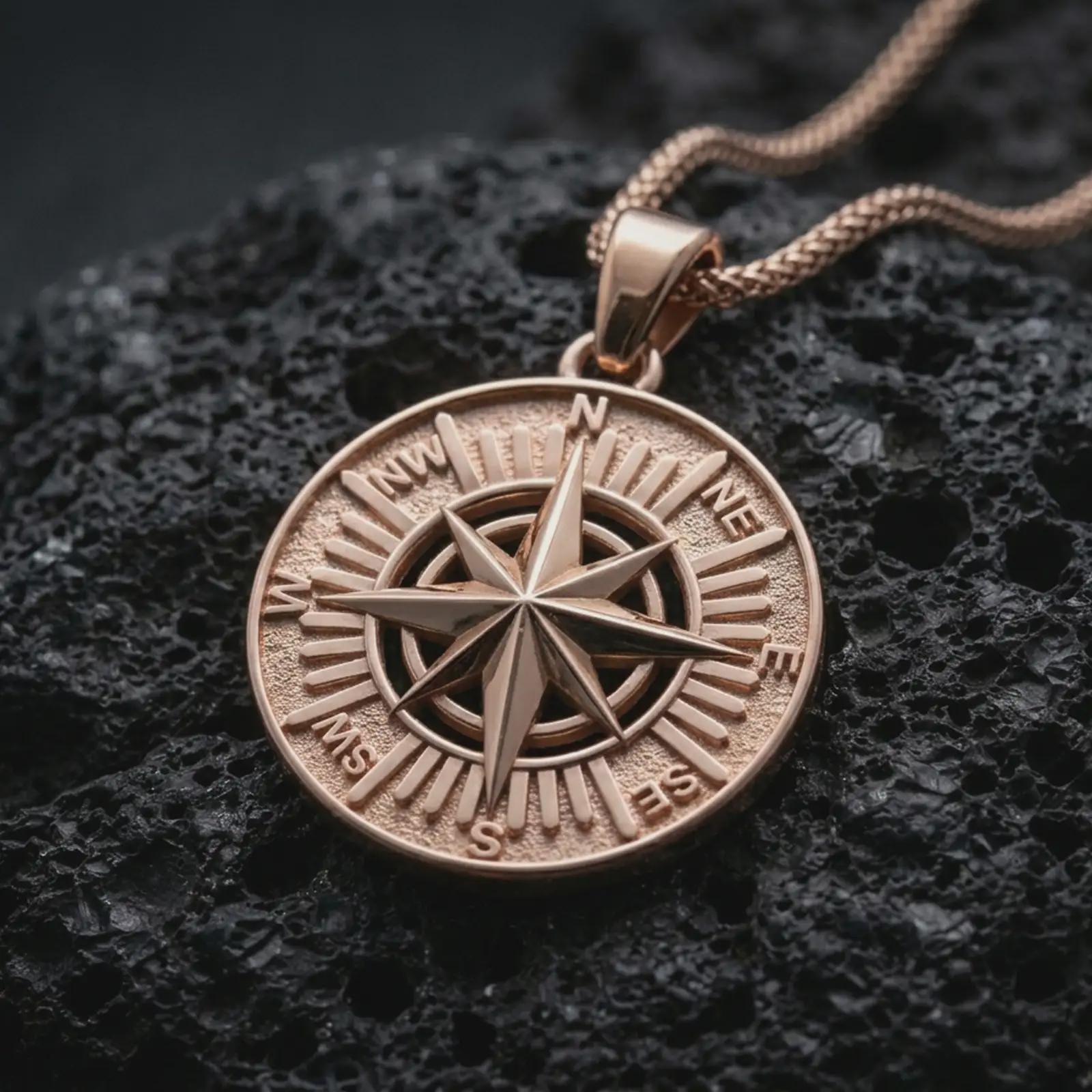 Rose gold plated compass rose pendant necklace on dark volcanic rock, photographed in a detailed premium studio macro view.