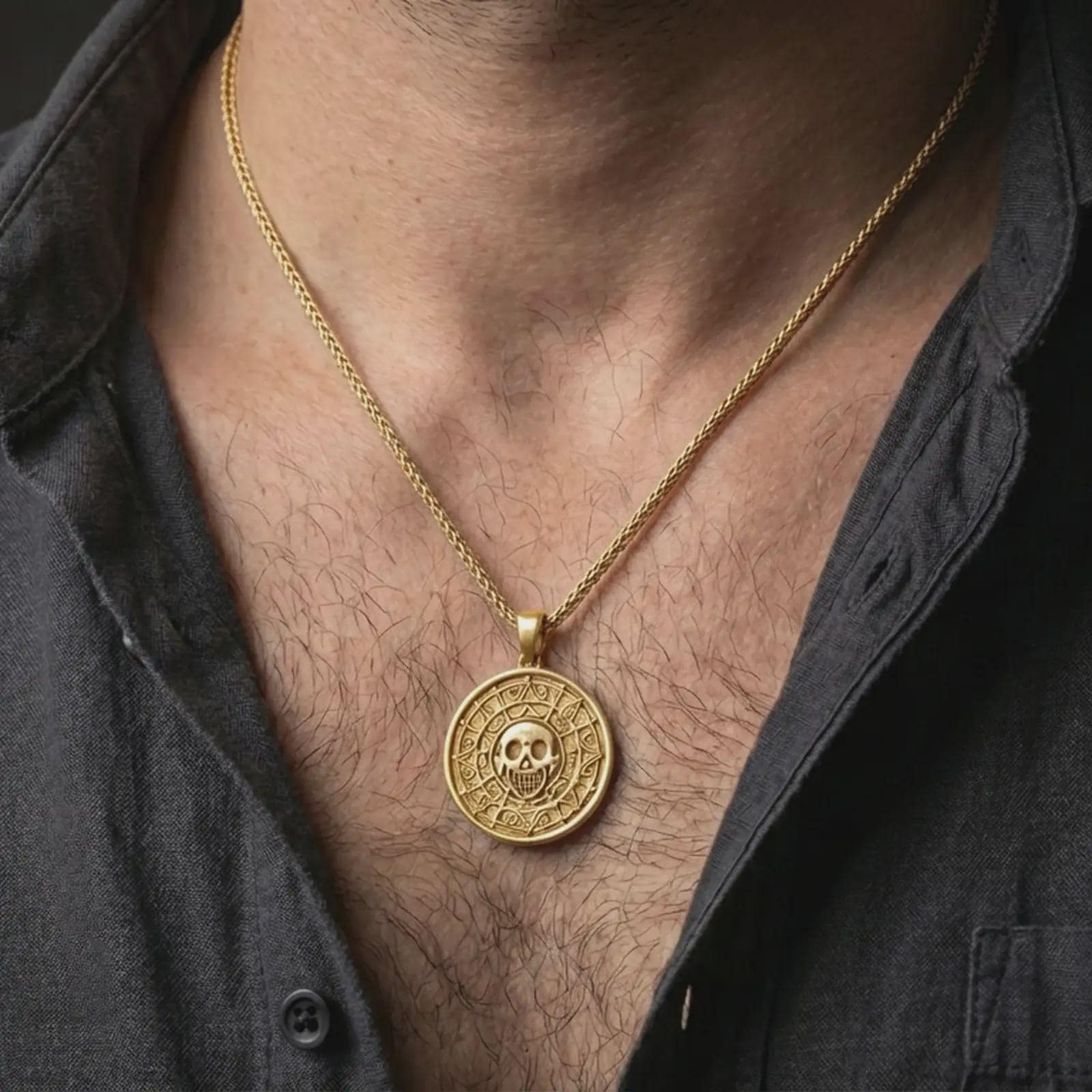 Gold plated cursed Aztec coin pendant necklace worn on the neck, captured on a human model in a premium dark-toned frame with a strong adventurous aesthetic.
