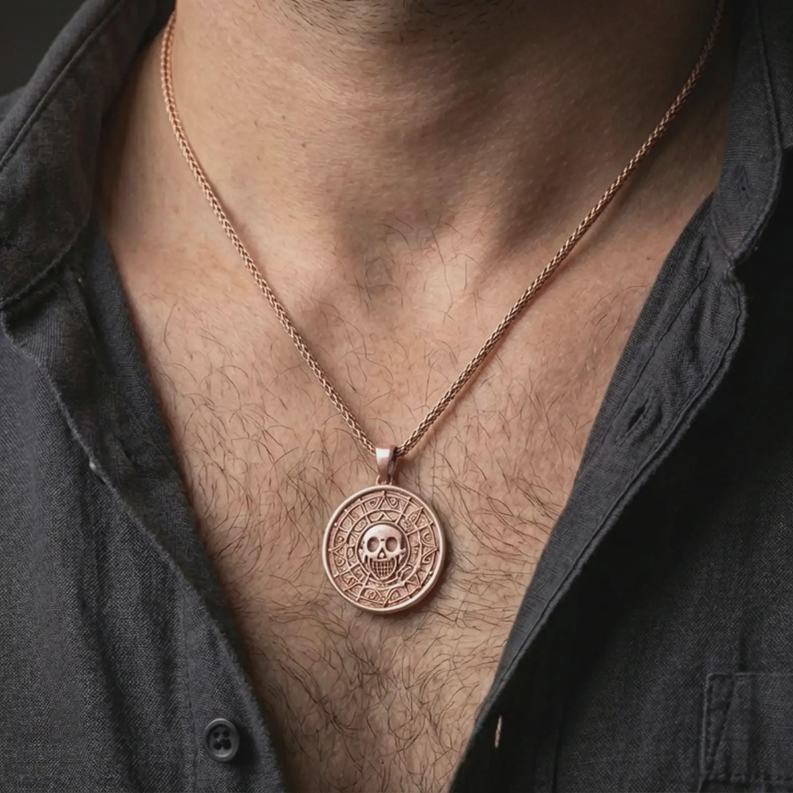 Rose gold plated cursed Aztec coin pendant necklace worn on the neck, presented in a close-up lifestyle shot with a refined gothic pirate-inspired look.