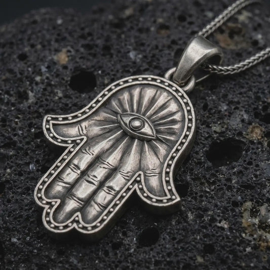 Sterling silver Hamsa hand pendant necklace with an oxidized finish resting on textured volcanic rock, captured in a close-up premium studio composition.