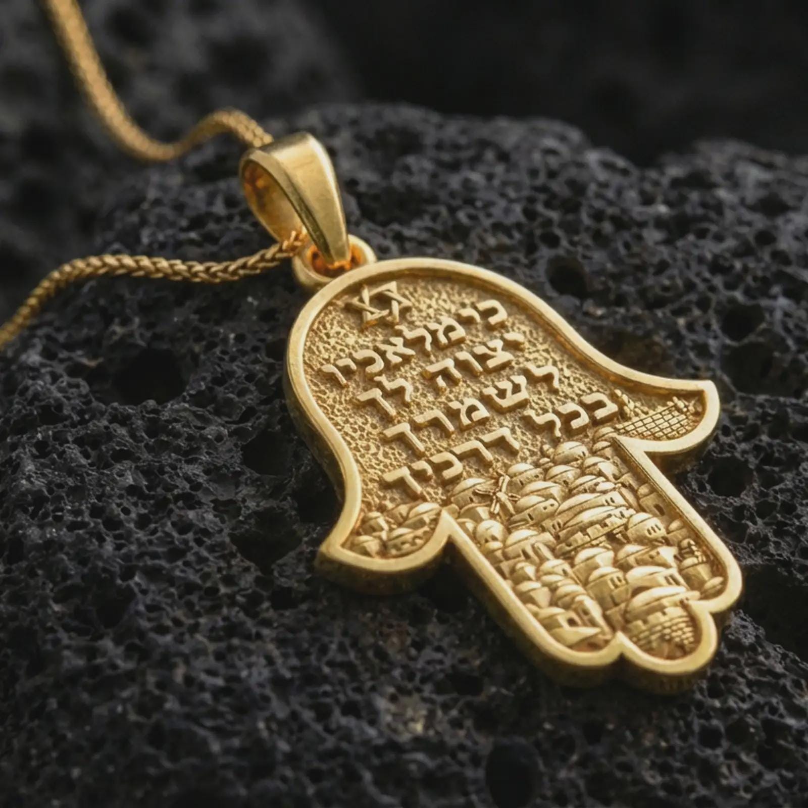 Gold plated Jerusalem Hamsa hand pendant necklace presented on porous volcanic rock, highlighting the symbolic protective hand design in a luxurious close-up jewelry image.
