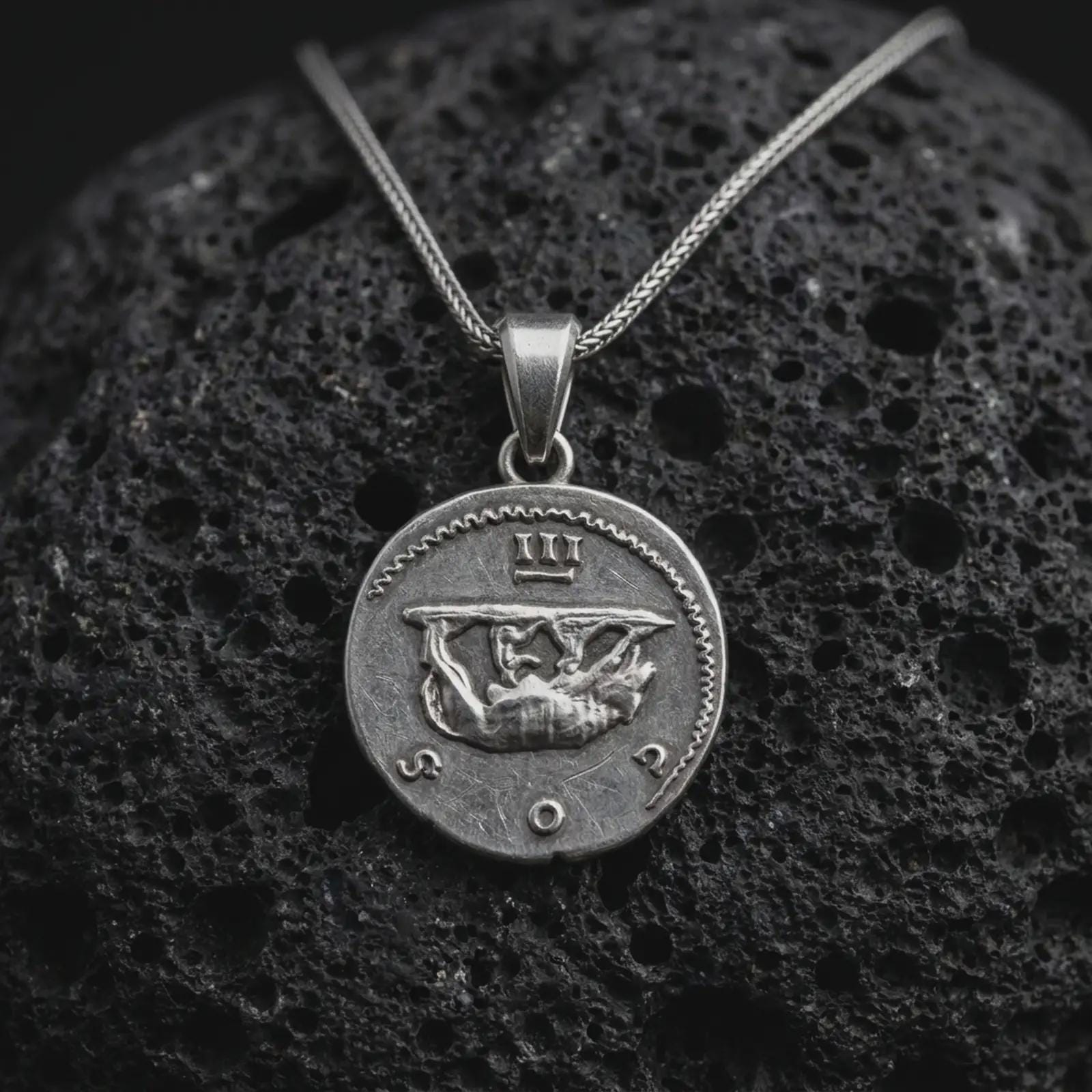 Oxidized Emperor Augustus coin pendant necklace resting on black volcanic stone, featuring a Roman imperial side profile with laurel wreath and engraved ancient lettering in a detailed macro product photograph.