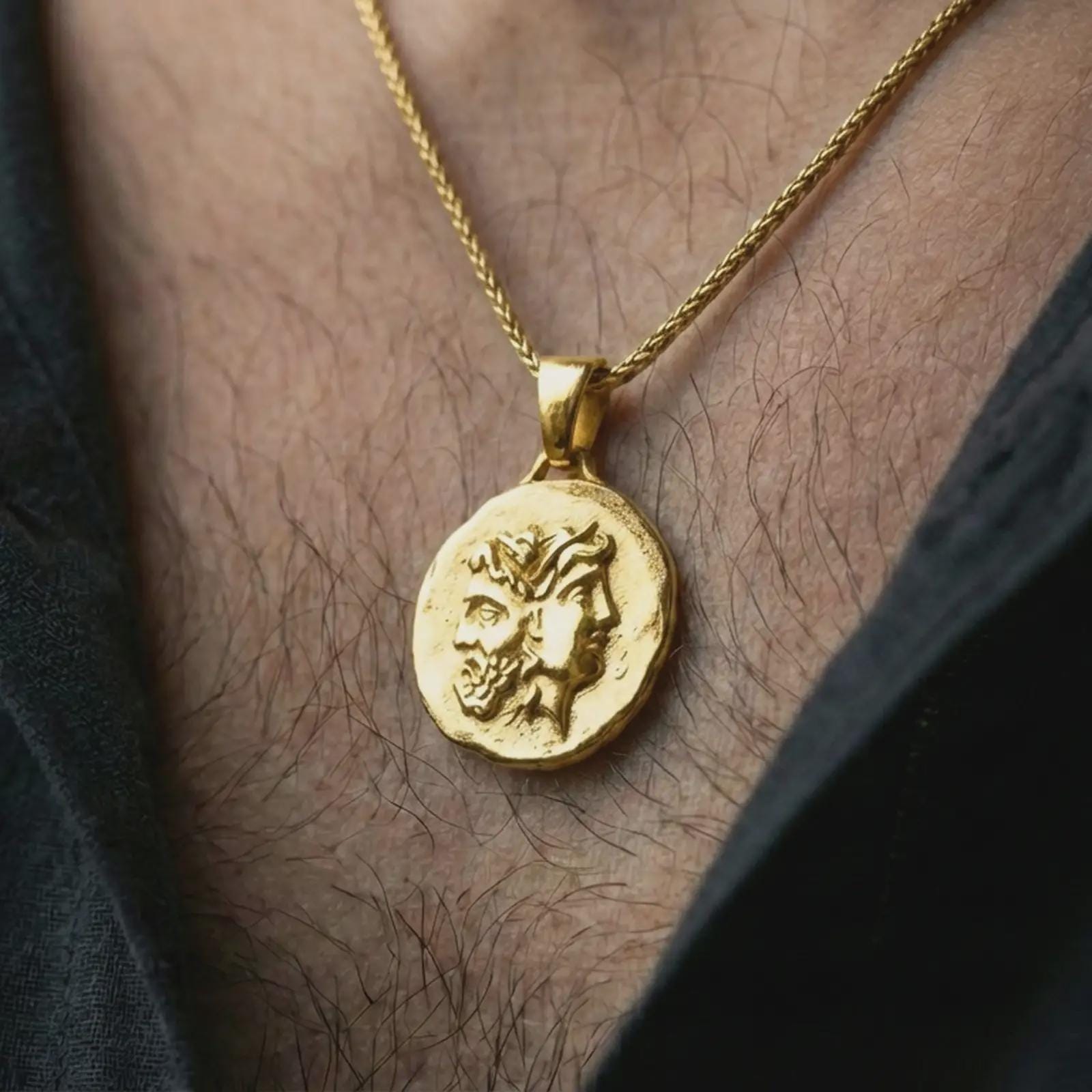 Gold plated Janus coin pendant necklace worn on the neck, captured in a premium lifestyle composition that highlights the Janus deity motif as a distinctive Roman heritage jewelry accent.