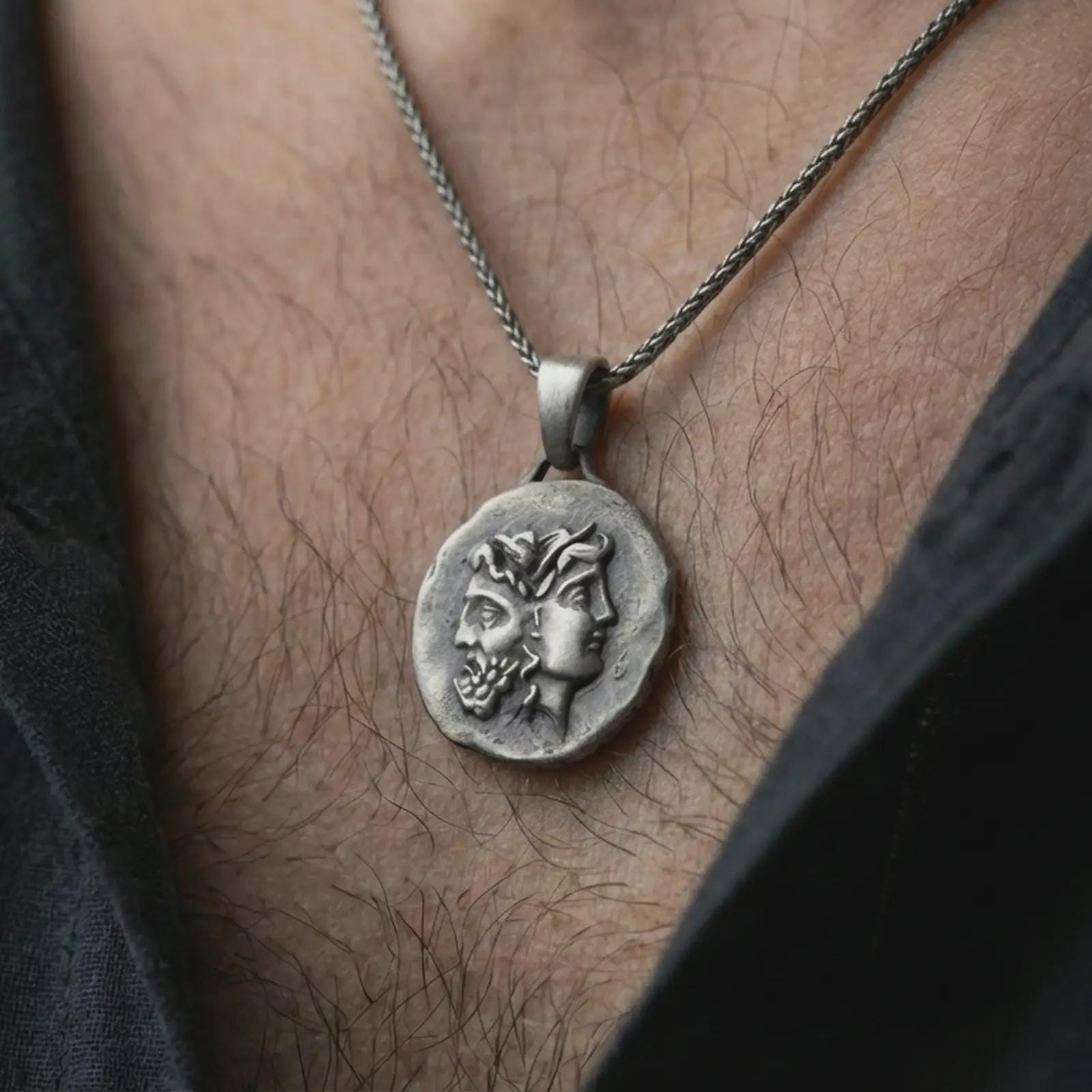 Oxidized Janus coin pendant necklace worn on the neck, styled in a dark lifestyle image that presents the ancient Roman god motif as a bold symbolic and historical statement piece.