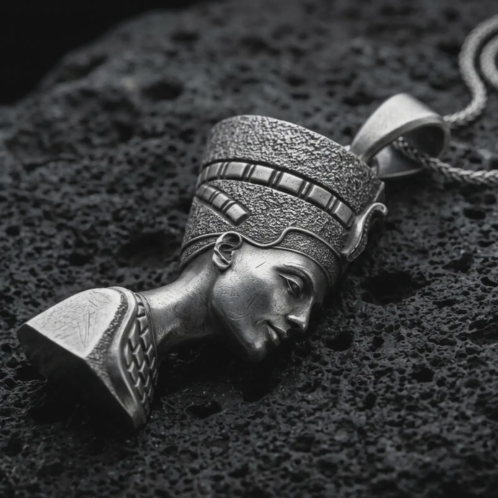 Sterling silver Nefertiti pendant necklace with an oxidized finish resting on textured volcanic rock, captured in a close-up premium studio composition.
