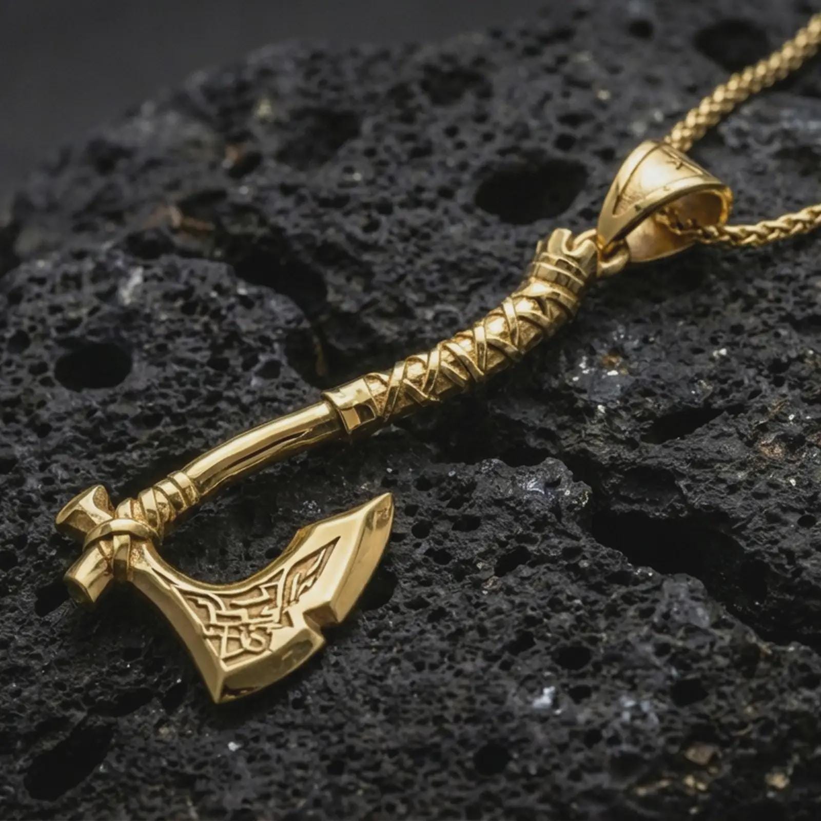 Gold plated battle axe pendant necklace presented on porous volcanic rock, highlighting the warrior-inspired axe silhouette in a luxurious close-up jewelry image.