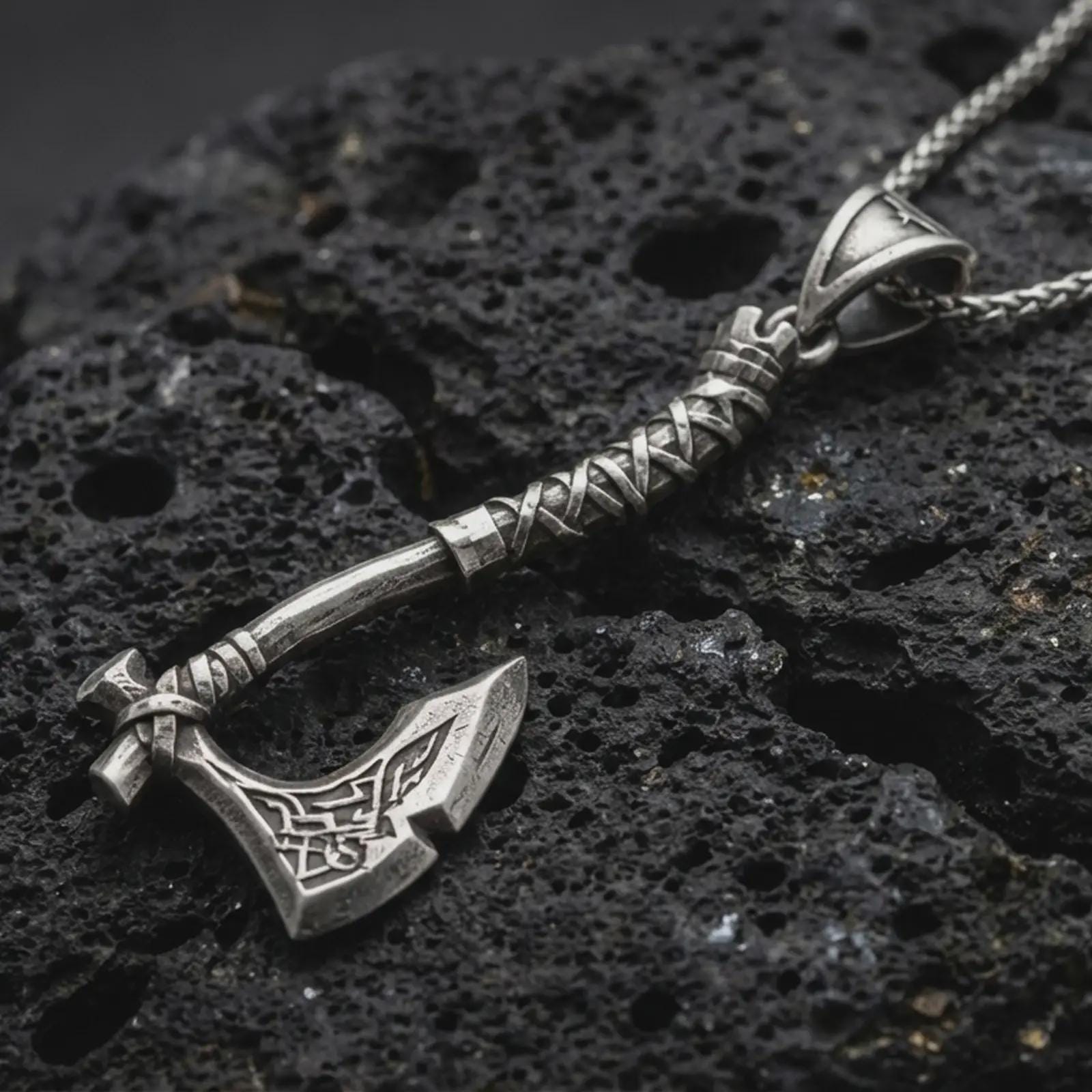 Sterling silver battle axe pendant necklace with an oxidized finish resting on textured volcanic rock, captured in a close-up premium studio composition.