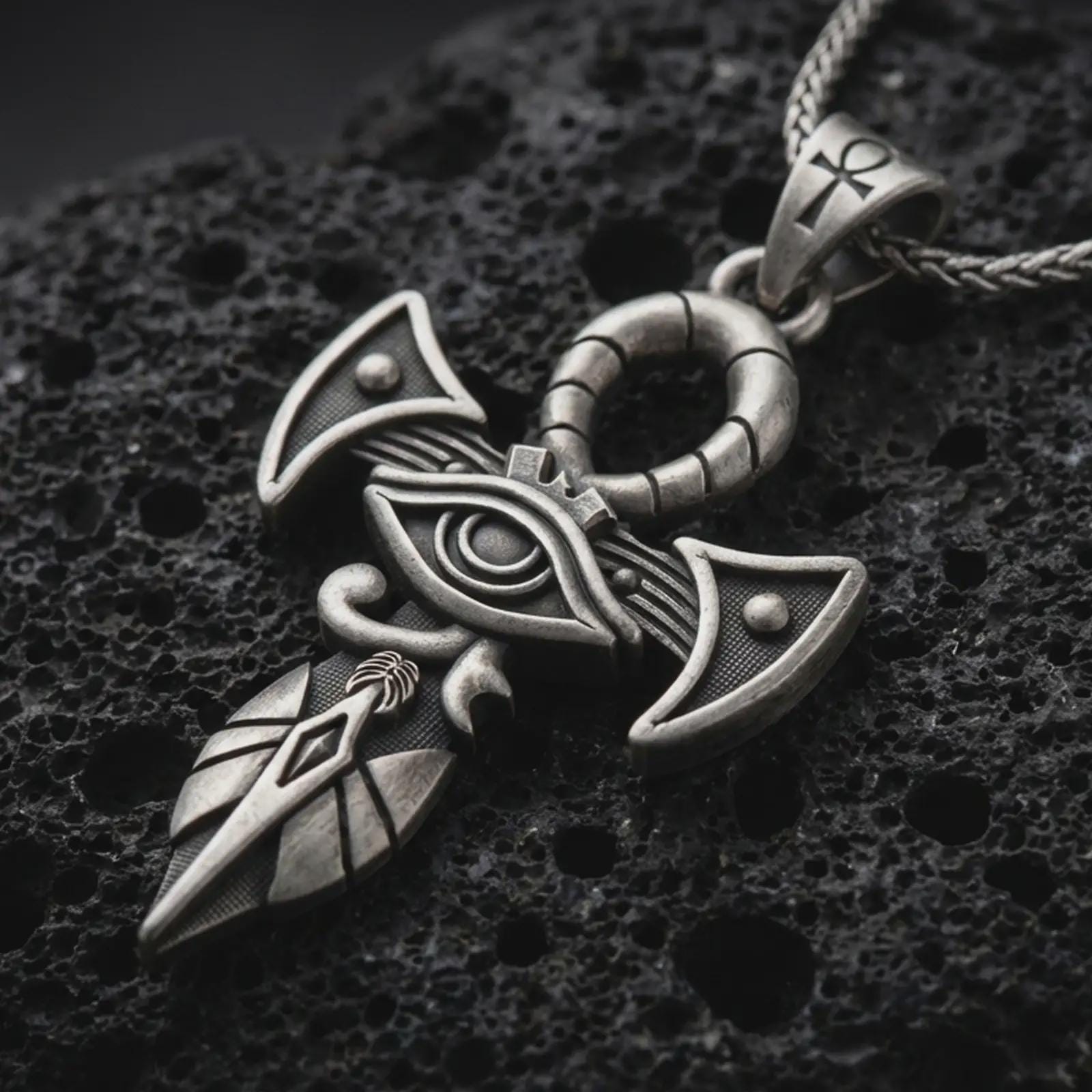 Sterling silver Eye of Horus ankh pendant necklace with an oxidized finish resting on textured volcanic rock, captured in a close-up premium studio composition.