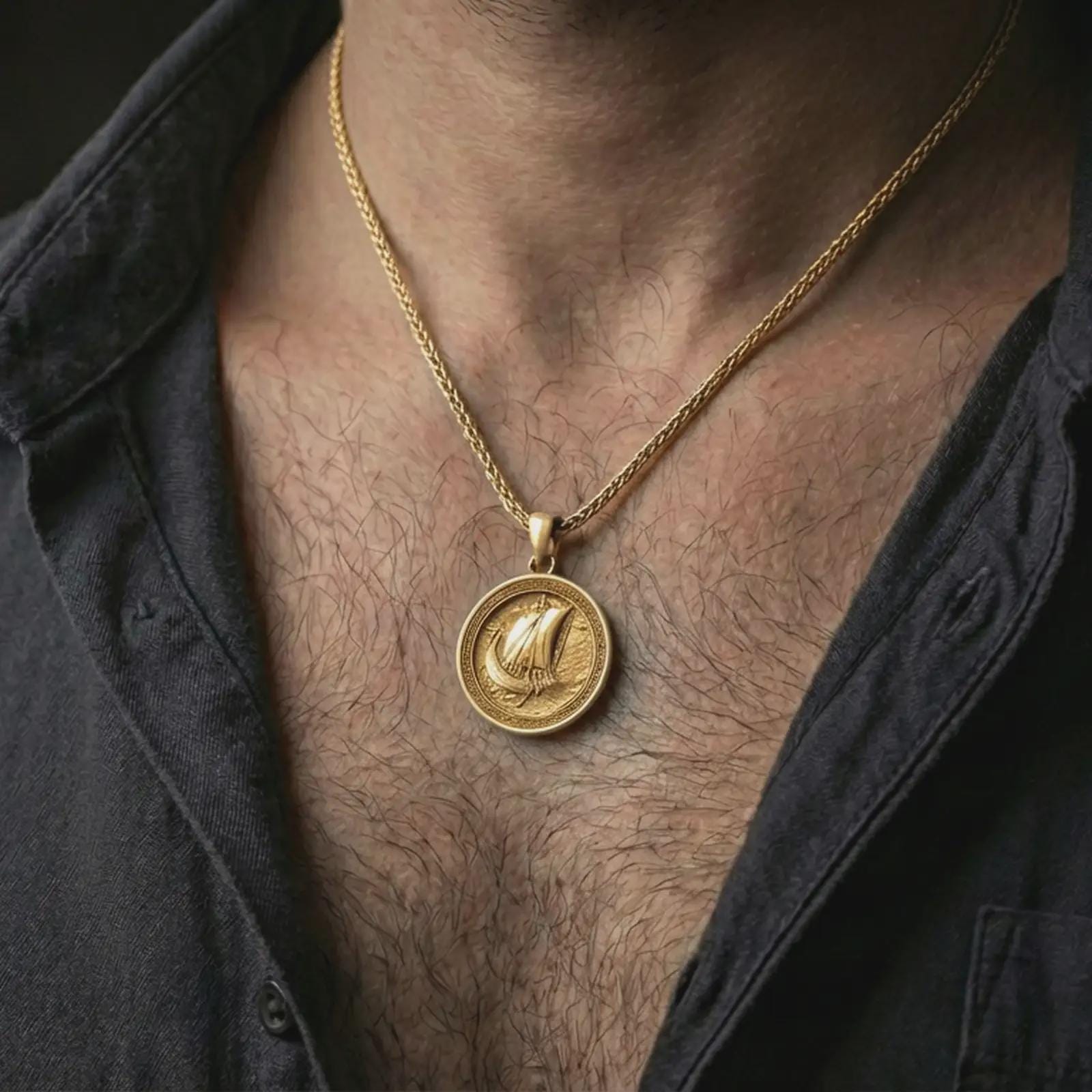 Gold plated Viking ship pendant necklace worn on the neck, captured on a human model in a premium dark-toned lifestyle frame.