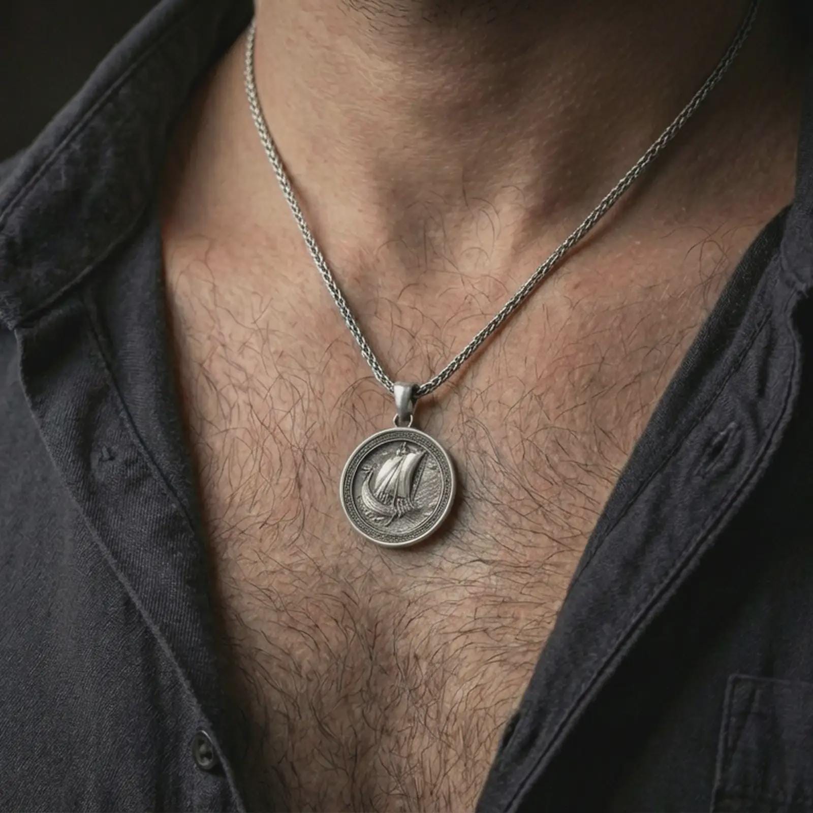 Oxidized Viking ship pendant necklace worn on the neck, styled in a dark lifestyle portrait with an open shirt and masculine presentation.