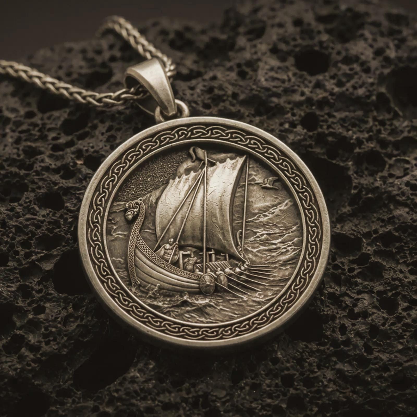 Bronze Viking ship pendant necklace with an oxidized finish resting on textured volcanic rock, captured in a close-up premium studio composition.