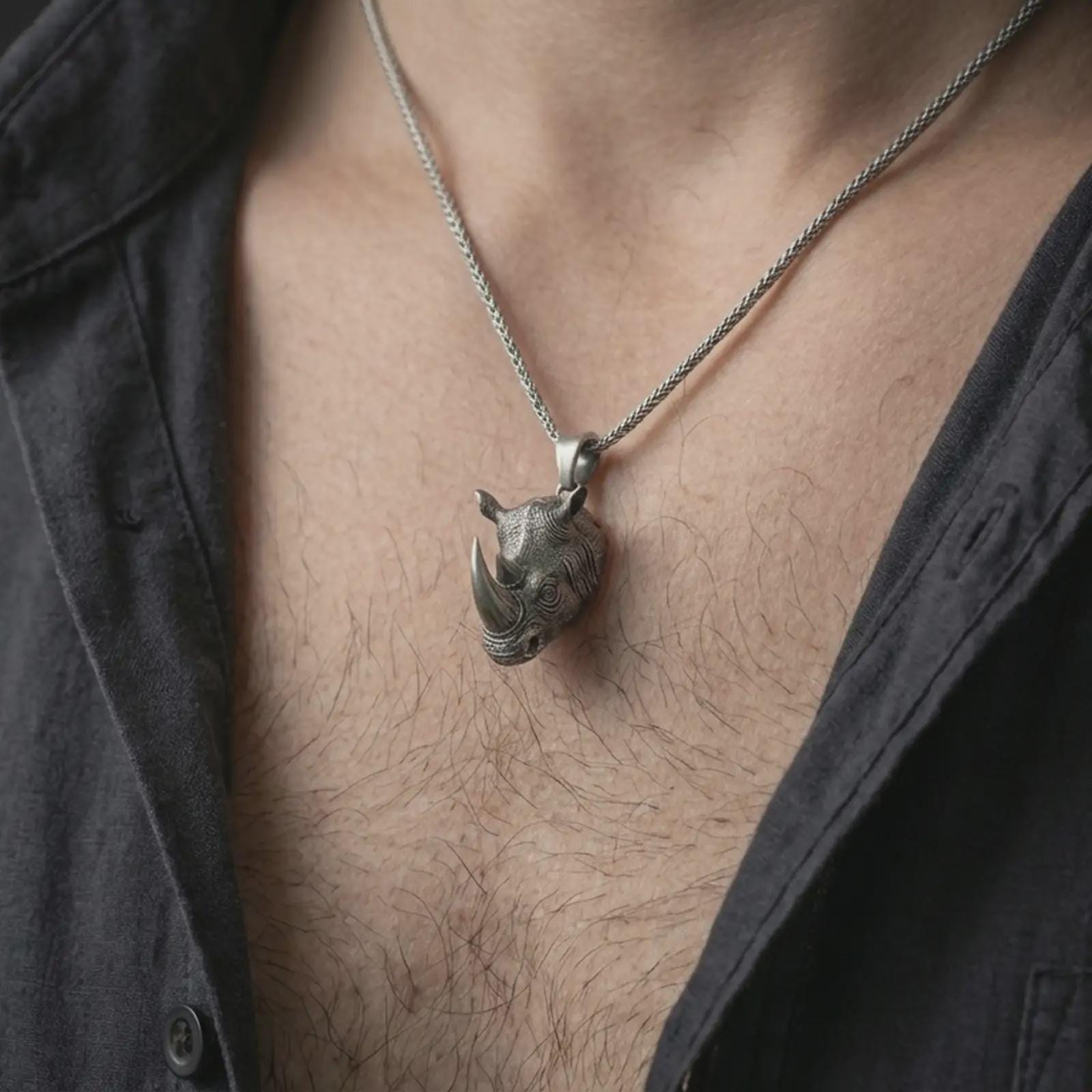 Oxidized rhinoceros head pendant necklace worn on the neck, styled in a dark lifestyle portrait with an open shirt and bold masculine presentation.