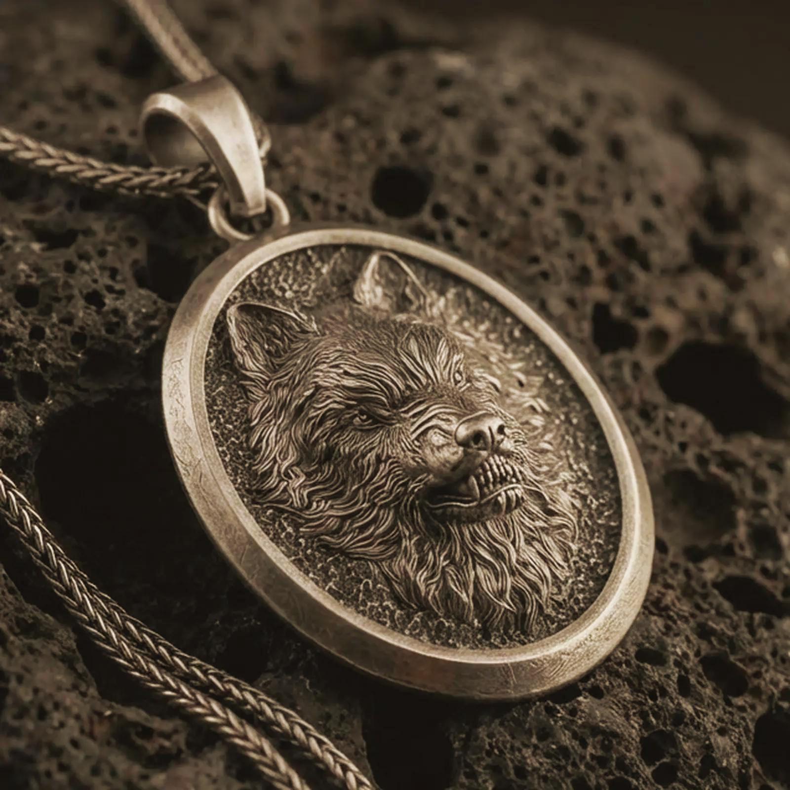 Bronze snarling wolf pendant necklace with an oxidized finish resting on textured volcanic rock, captured in a close-up premium studio composition.