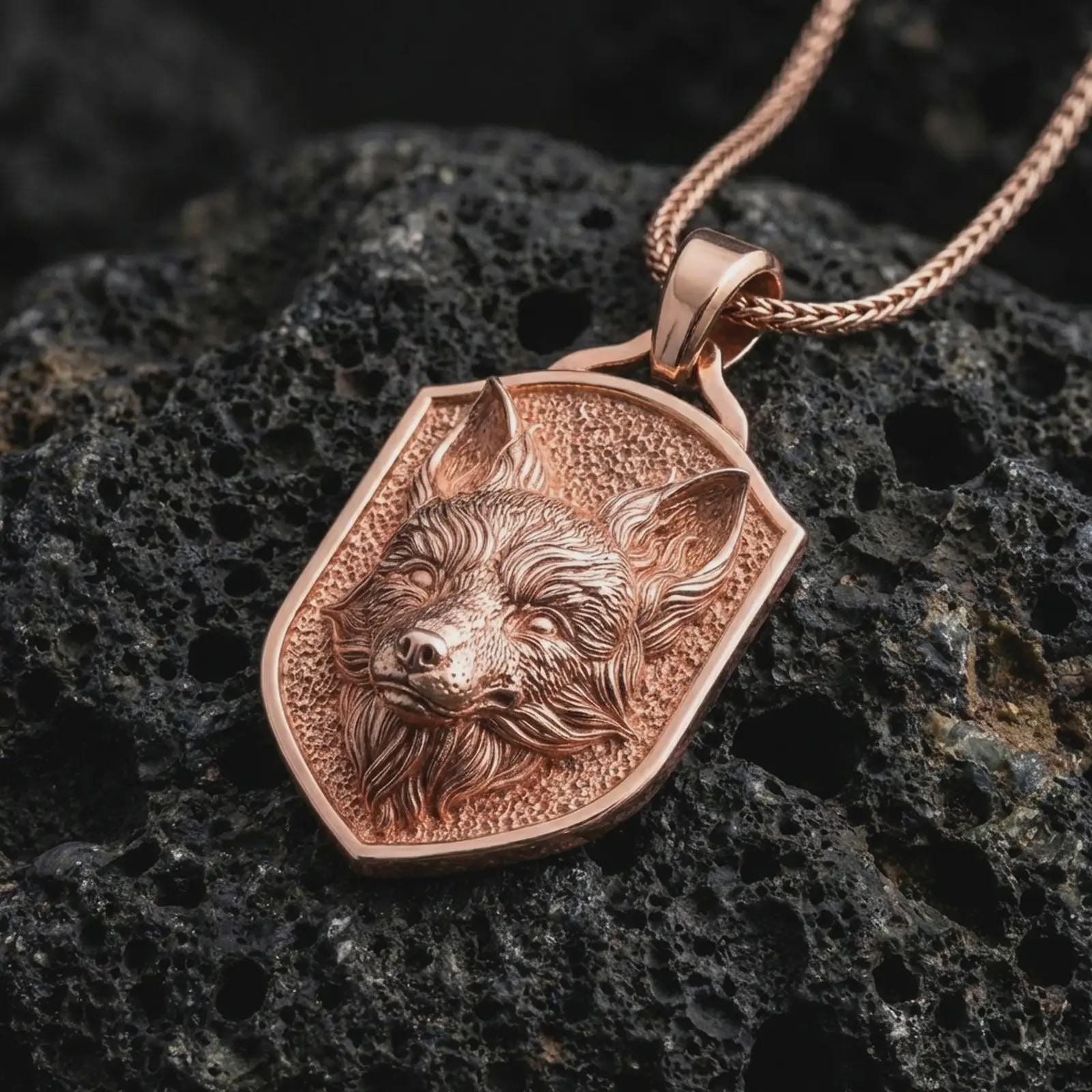 Rose gold plated fox shield pendant necklace on dark volcanic rock, photographed in a detailed premium studio macro view.