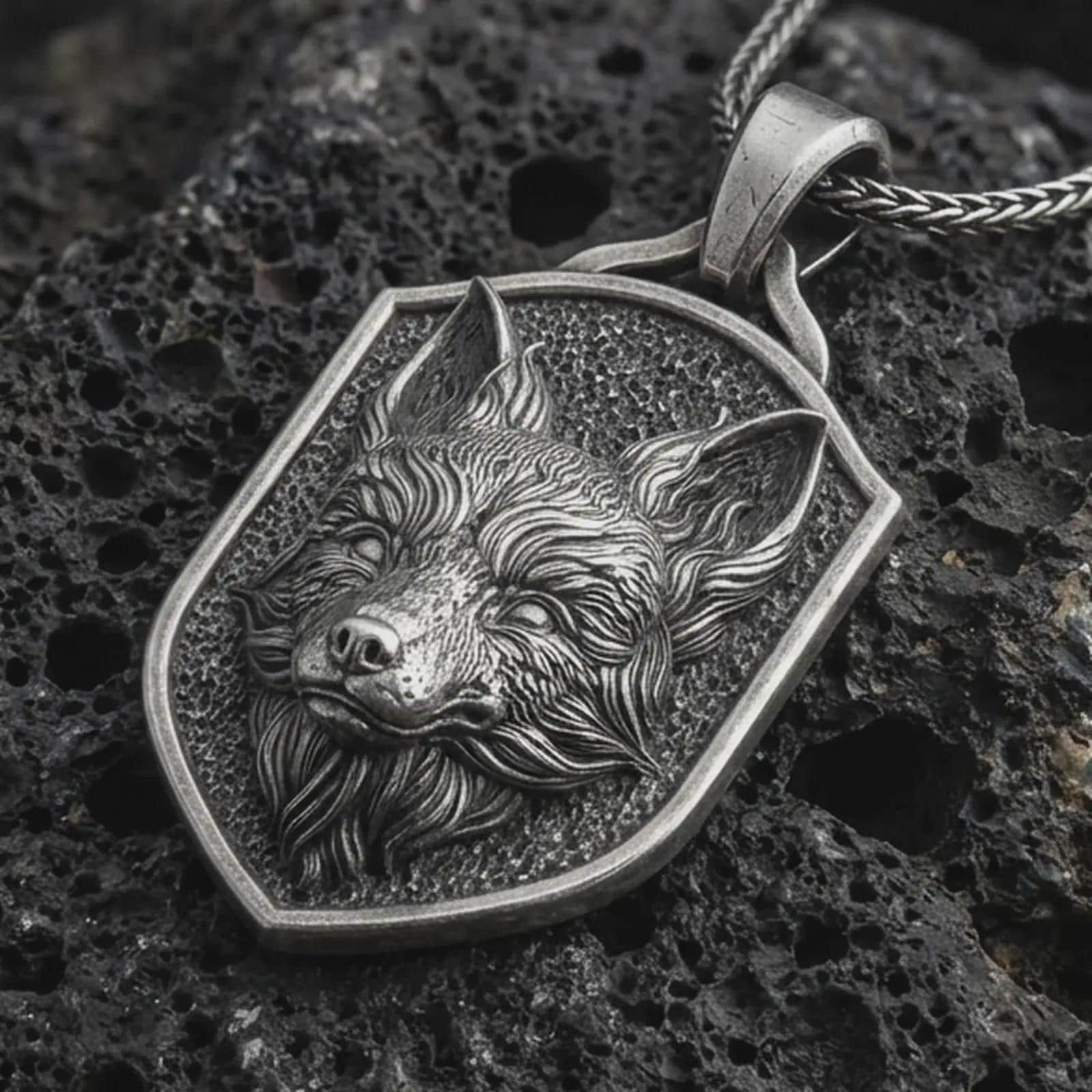 Sterling silver fox shield pendant necklace with an oxidized finish resting on textured volcanic rock, captured in a close-up premium studio composition.