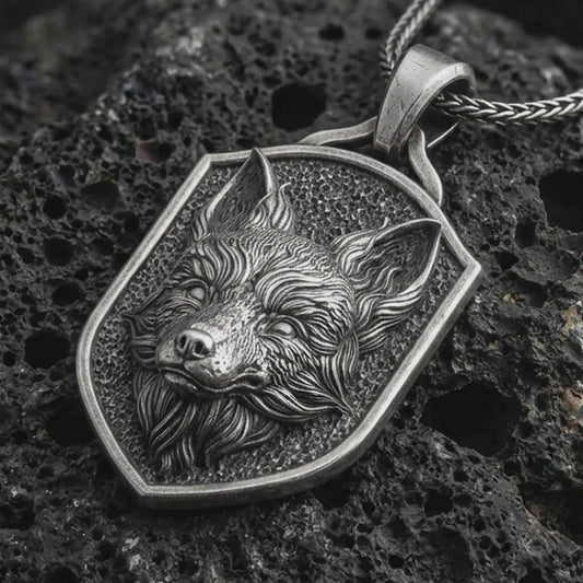 Sterling silver fox shield pendant necklace with an oxidized finish resting on textured volcanic rock, captured in a close-up premium studio composition.