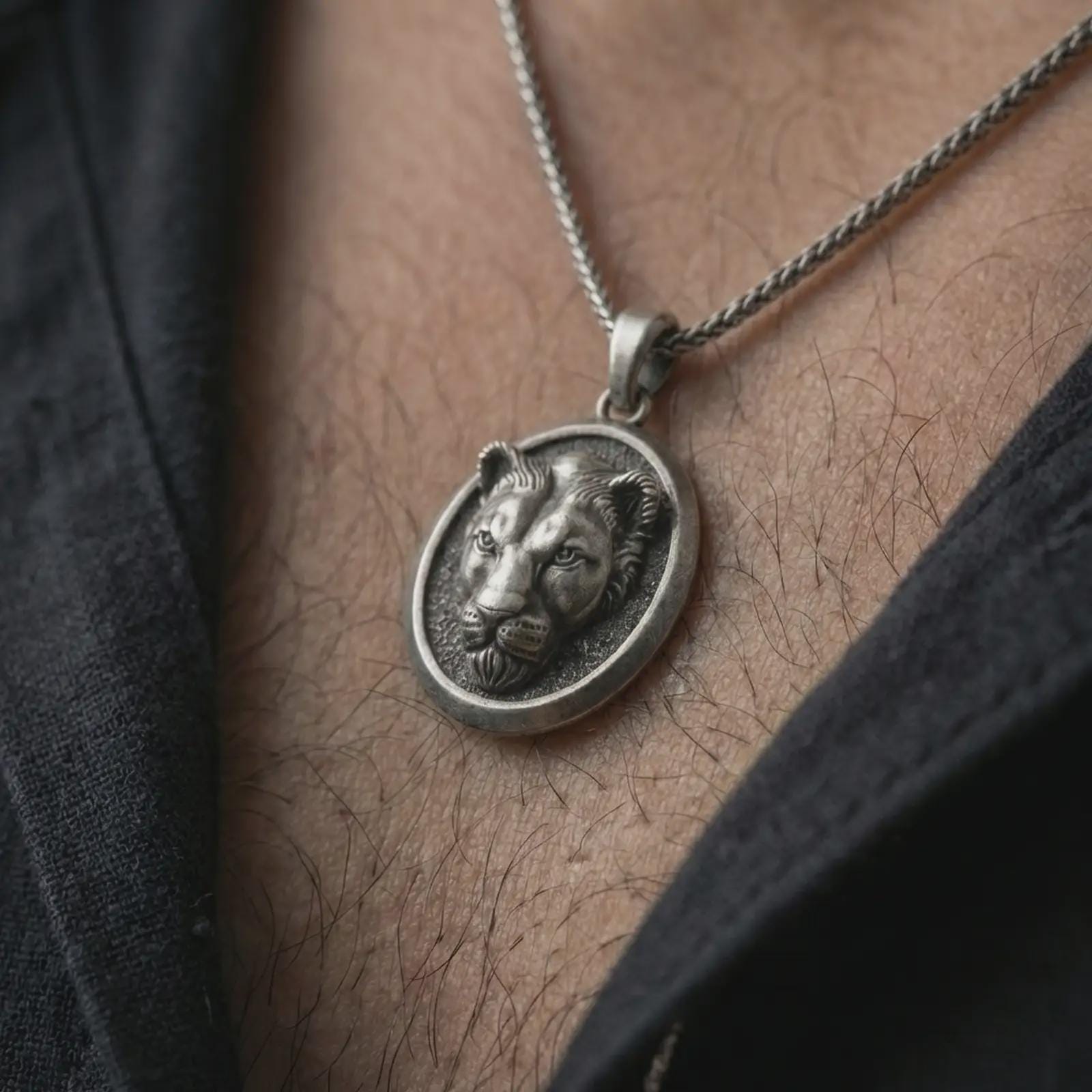 Oxidized lioness pendant necklace worn on the neck, styled in a dark lifestyle portrait with an open shirt and bold elegant presentation.