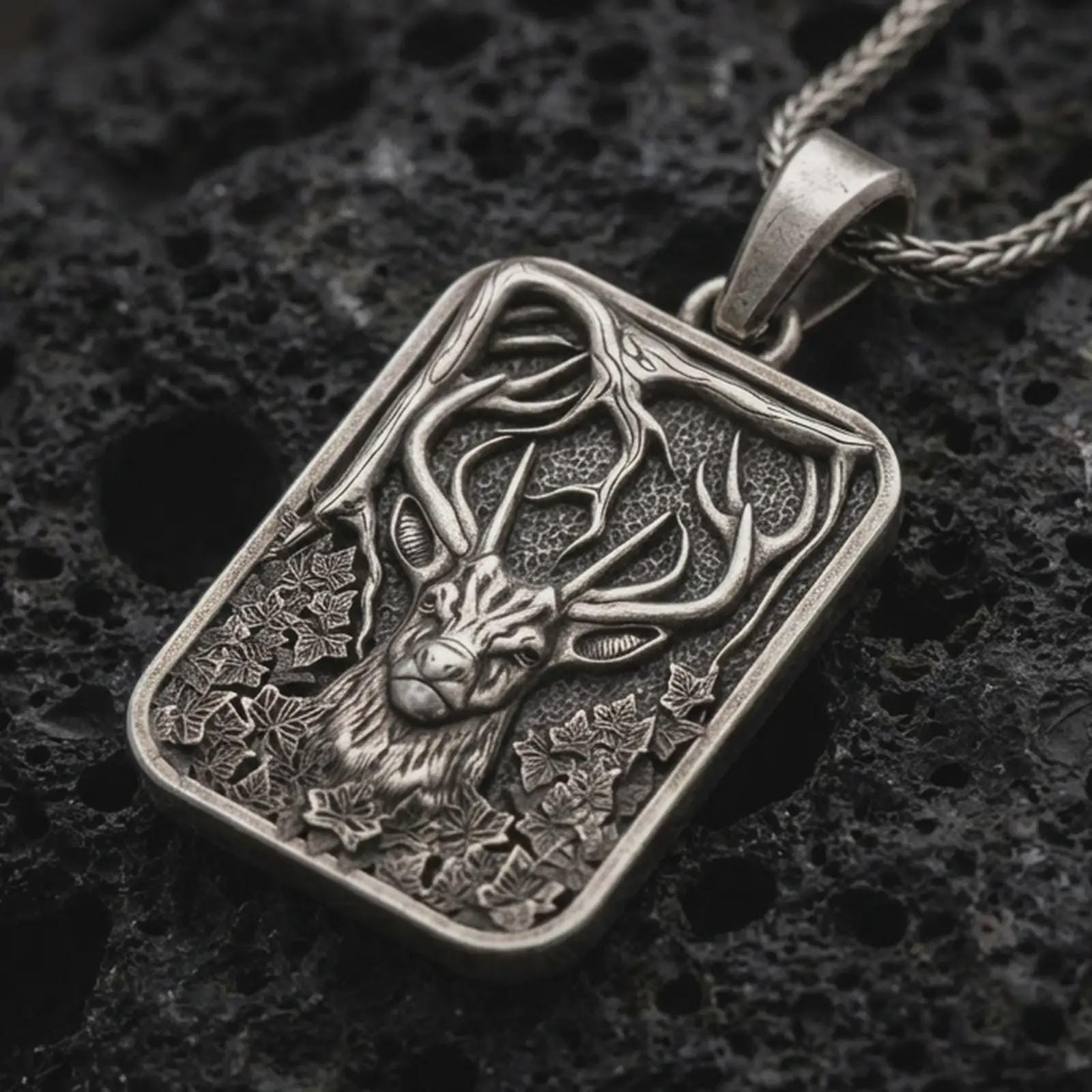 Sterling silver stag forest pendant necklace with an oxidized finish resting on textured volcanic rock, captured in a close-up premium studio composition.