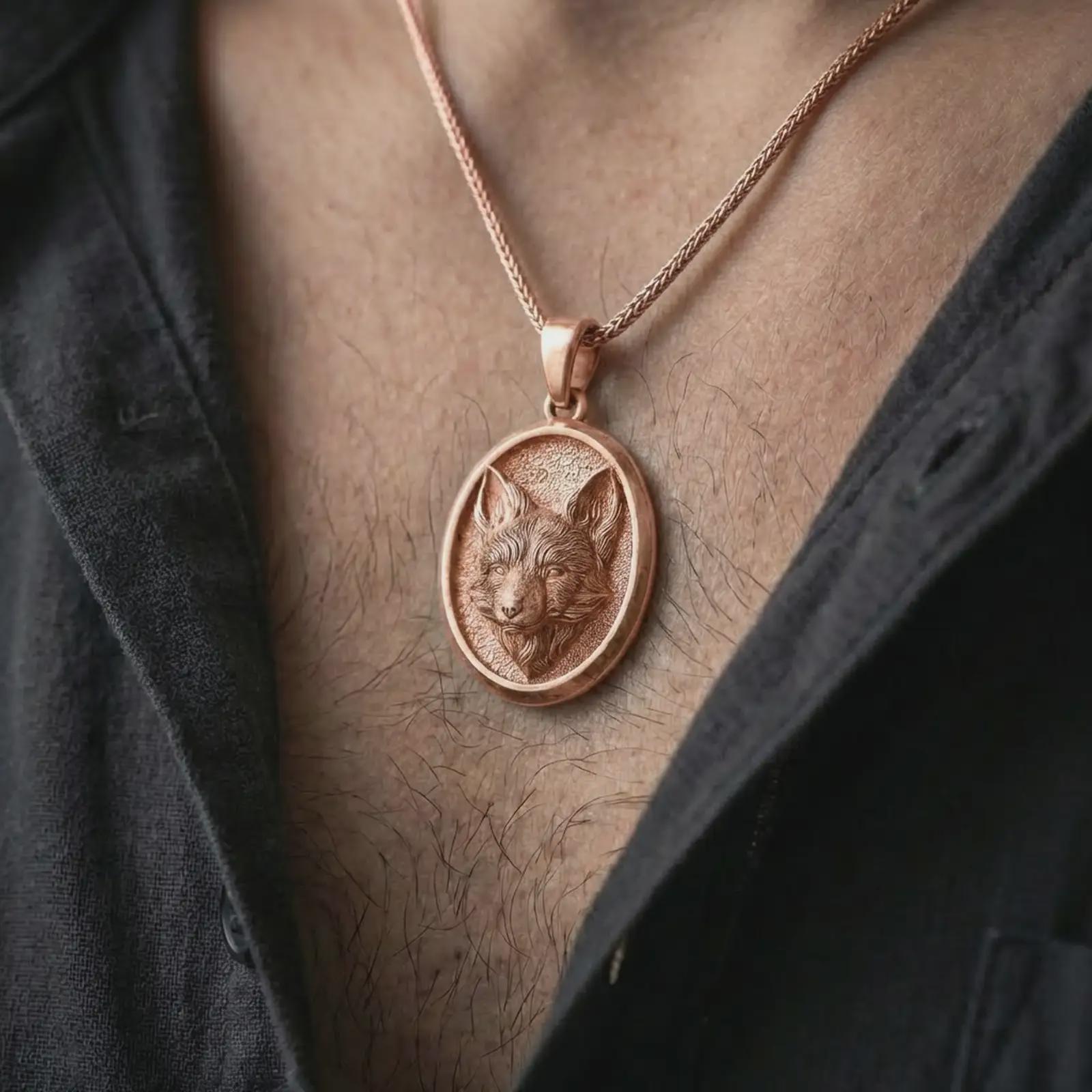 Rose gold plated fox medallion pendant necklace worn on the neck, presented in a close-up lifestyle shot with a refined woodland aesthetic.