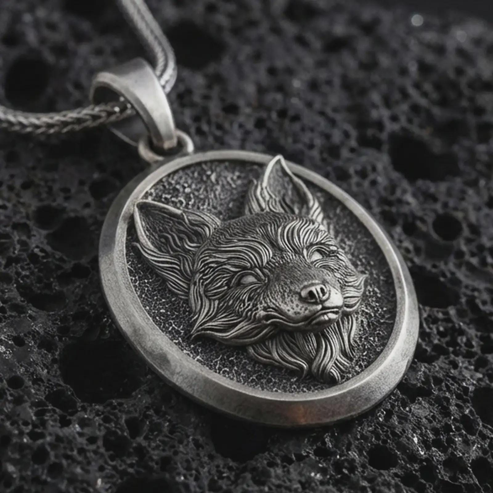 Sterling silver fox medallion pendant necklace with an oxidized finish resting on textured volcanic rock, captured in a close-up premium studio composition.