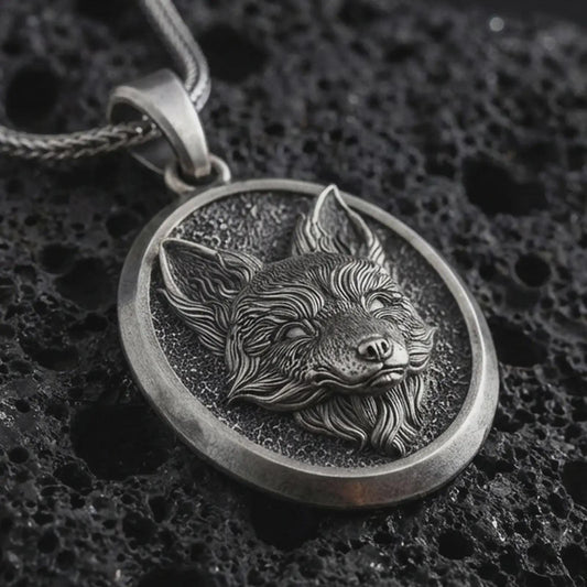 Sterling silver fox medallion pendant necklace with an oxidized finish resting on textured volcanic rock, captured in a close-up premium studio composition.