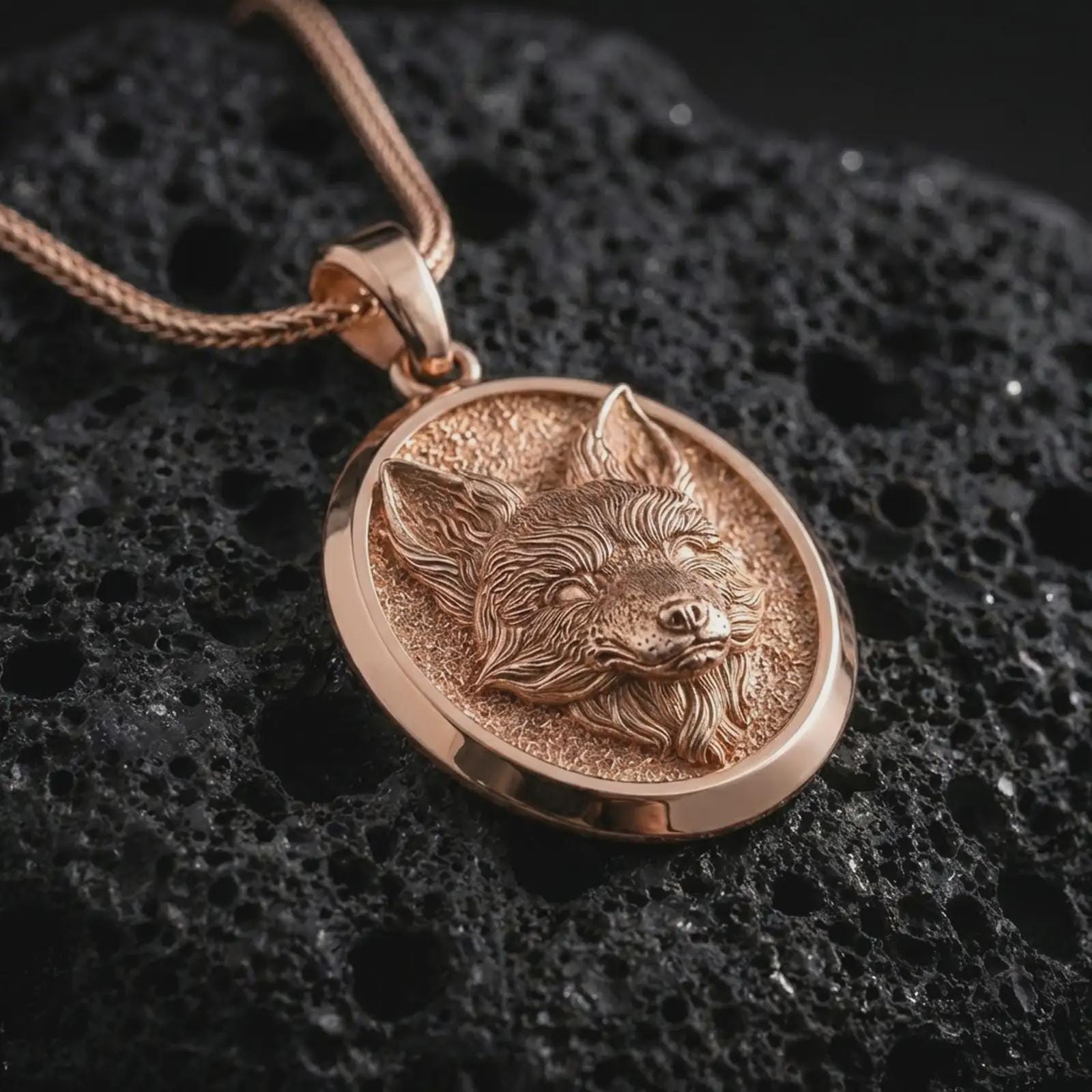 Rose gold plated fox medallion pendant necklace on dark volcanic rock, photographed in a detailed premium studio macro view.