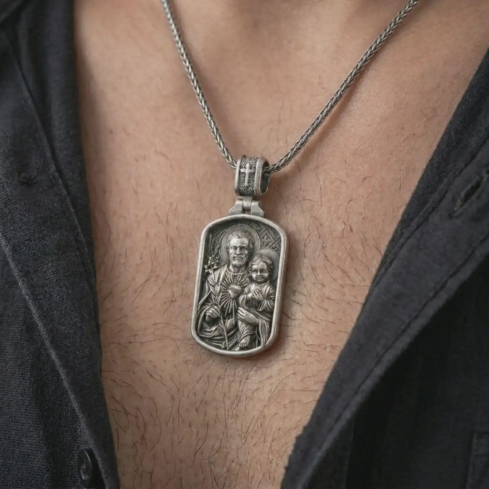 Oxidized Saint Joseph and Jesus pendant necklace worn on the chest, close-up lifestyle jewelry photo showing the religious medallion on a spiga chain with dark clothing.