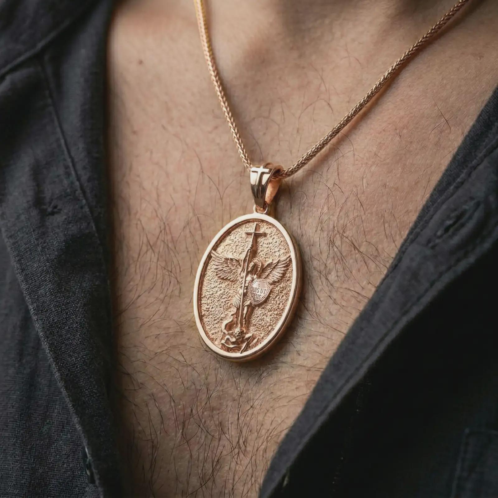 Rose gold plated Saint Michael pendant necklace worn on the chest, close-up lifestyle shot featuring the sacred Saint Michael design with warm rose gold tones.